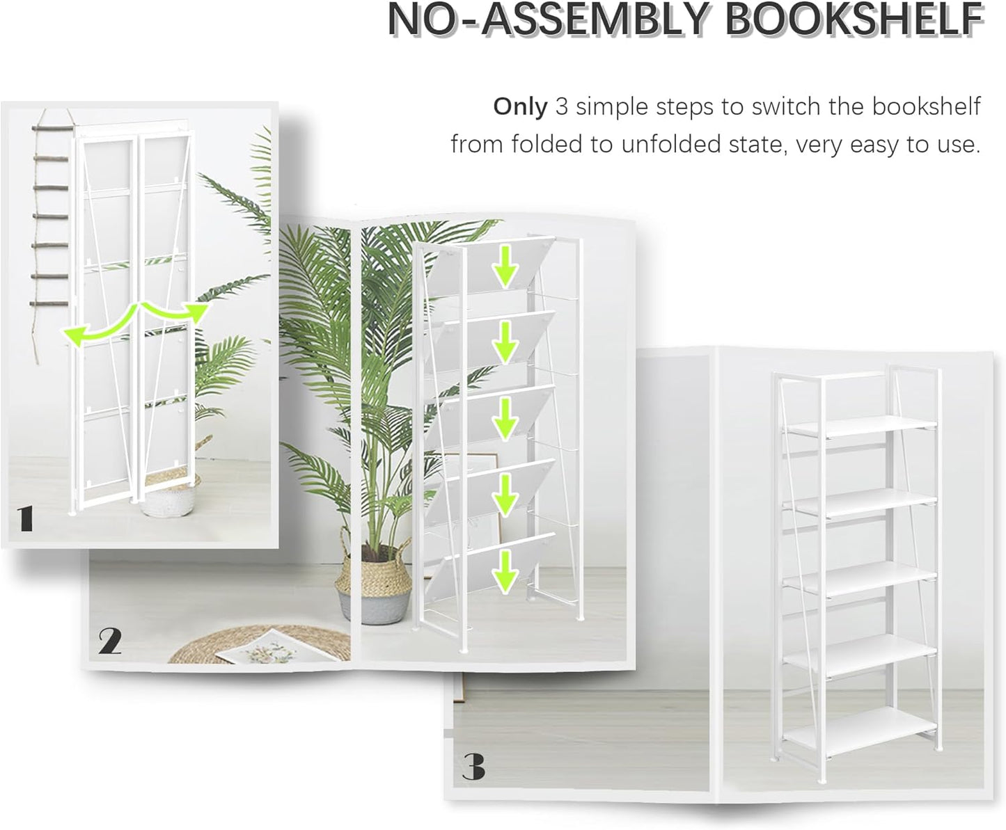 4NM No Assembly Folding Bookshelf, 5-Shelf 62.2" H Collapsible Foldable Bookcase Storage for Small Spaces, All White