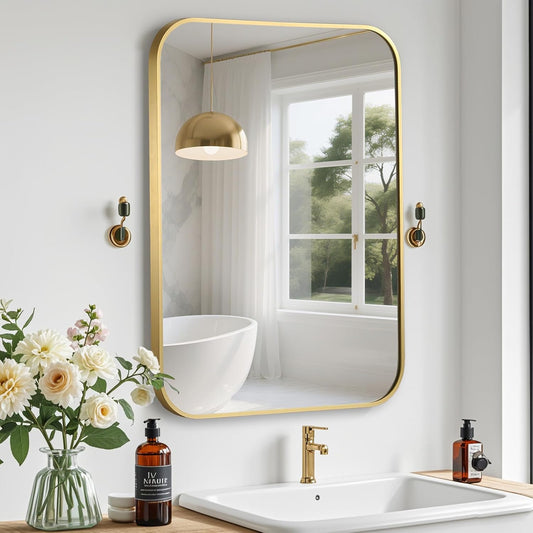 Gold Bathroom Mirror, 16x20 Inch Aluminum Frame Rectangle Mirror, Anti-Rust, Tempered Glass, Wall Mirror for Over Sink, Vanity, Bedroom, Entryway, Horizontal/Vertical
