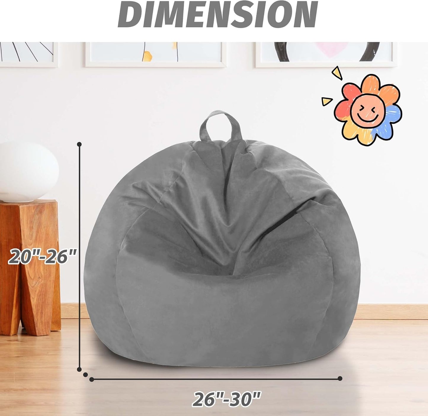 2FT Bean Bag Chair with Ultra Soft Velvet Cover Bean Bag Sofa with Memory Foam Bean Bag Chairs with Large Size Lazy Sofa for Dorm Office Living Room Bedroom Grey 2'