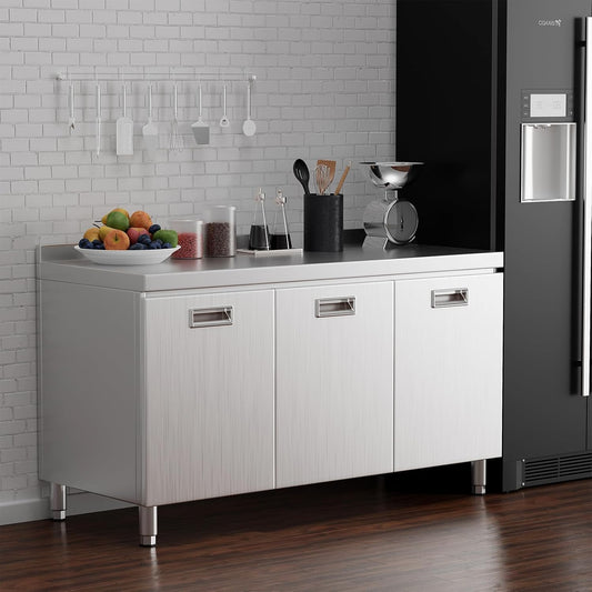 ZZV 59 inch Stainless Steel Prep Table with Storage Stainless Steel Cabinet for Prep & Work Commercial Worktable with Cabinet and 3 Doors for Kitchen, Restaurant, Hotel, Garage, Warehouse, Outdoor