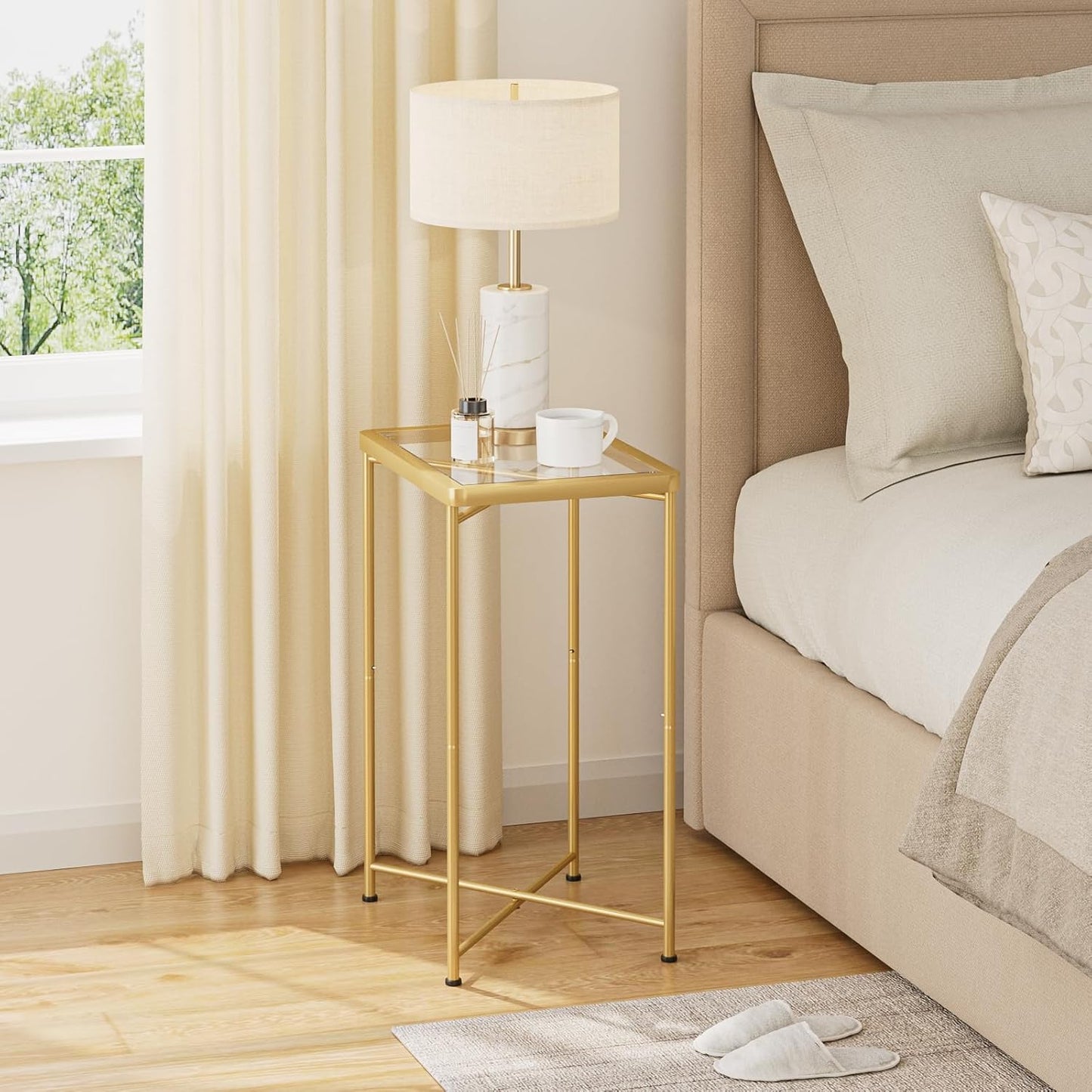 Garden 4 you Small Side Table, Glass End Table, Outdoor Side Table with Metal Frame, Mini Bedside Table for Living Room, Bedroom, Patio, Small Space, Gold