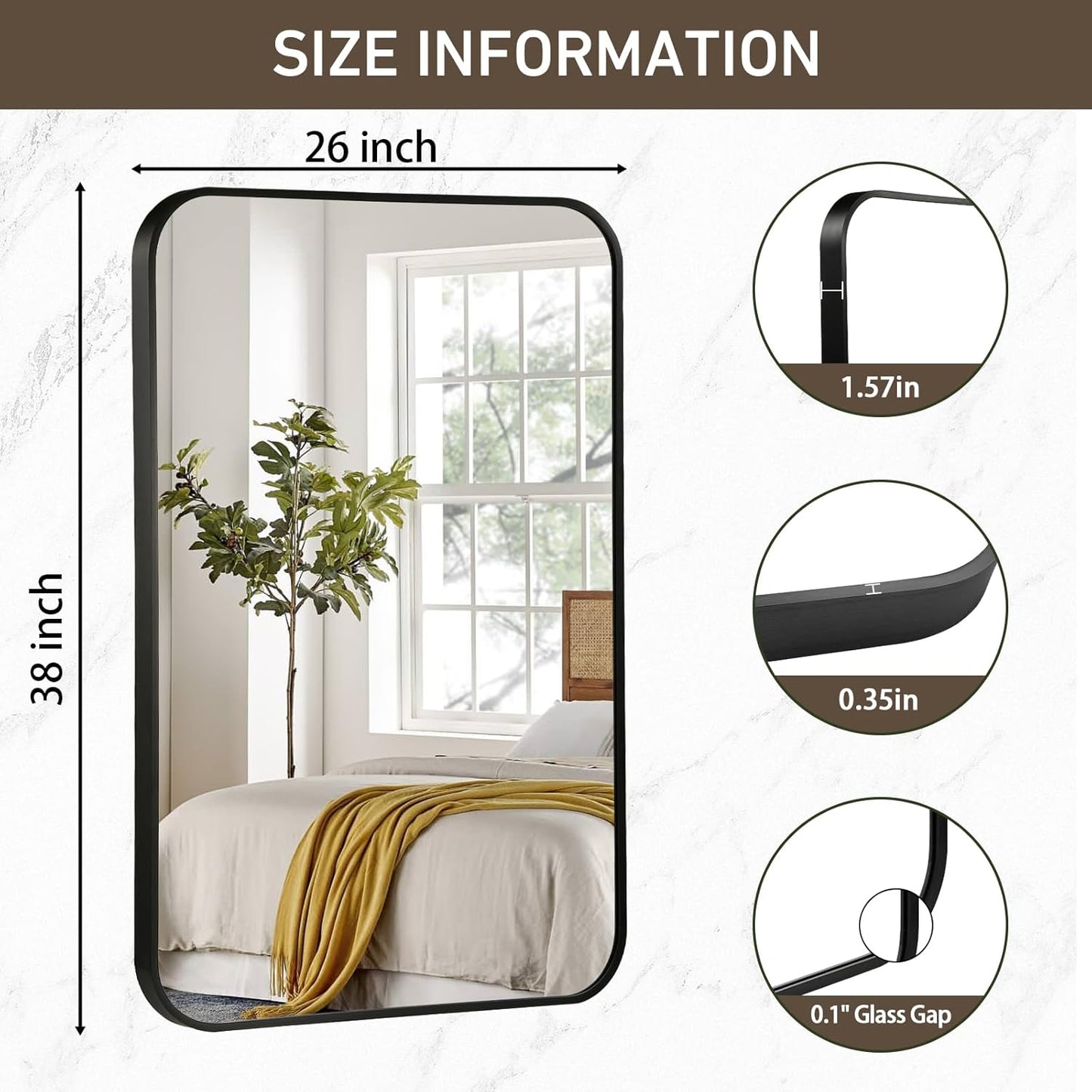 Black Bathroom Mirror, 26x38 Inch Matte Black Mirror, Aluminum Alloy Framed Vanity Mirror, Rounded Rectangle Mirror for Over Sink, Anti-Rust Wall Mirror (Horizontally or Vertically)