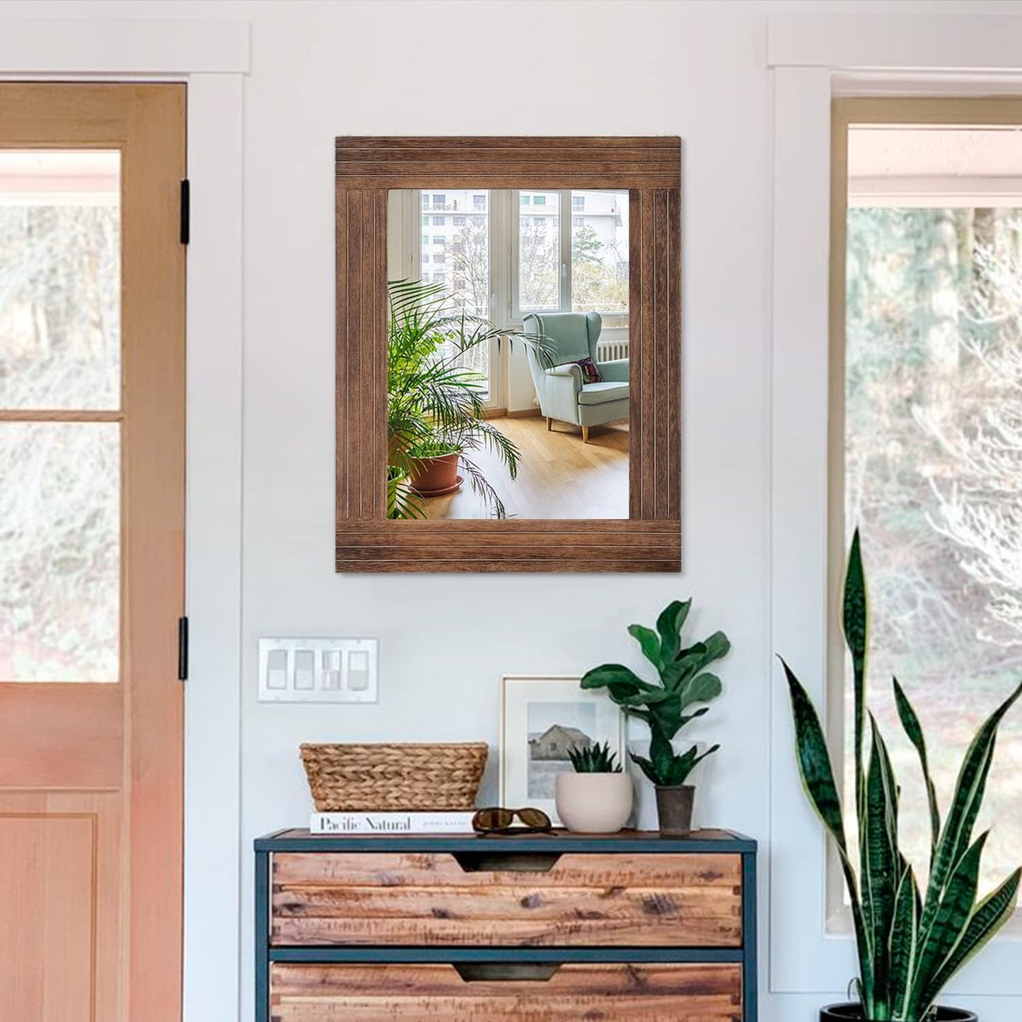 Wood Mirror Rectangular Framed Rustic Vintage Mirrors Decor Farmhouse Bedroom Bathroom Mirror for Dressing Table Entrance Large 20"x16" Brown