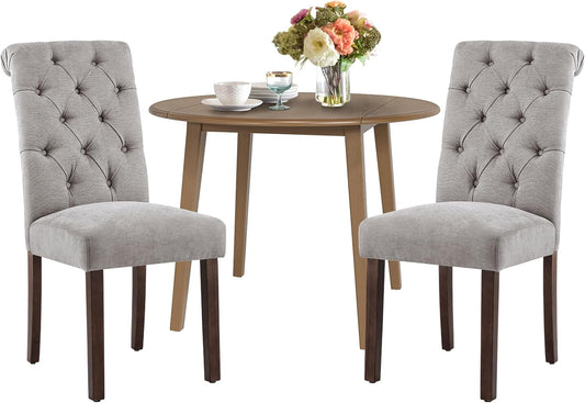 COLAMY 3-Piece Extendable Dining Table Set for 2, 36" Kitchen Round Wood Table with 2 Tufted Dining Room Chairs,Light Brown/Light Grey