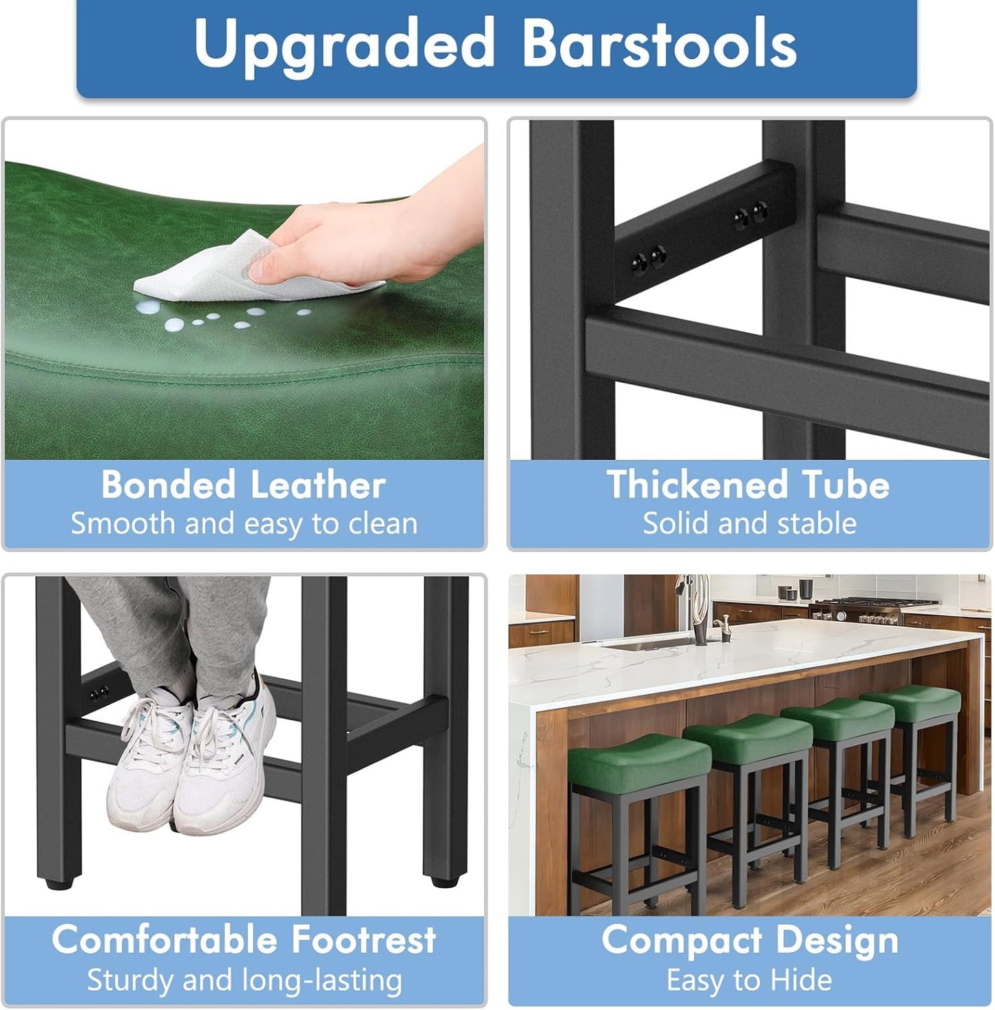 Counter Height Bar Stools Set of 2, 24 Inch Barstools for Kitchen Island Counter, Faux Leather Kitchen Stools with Thick Saddle Seats & Heavy Duty Metal Base, Easy Assembly, Forest Green