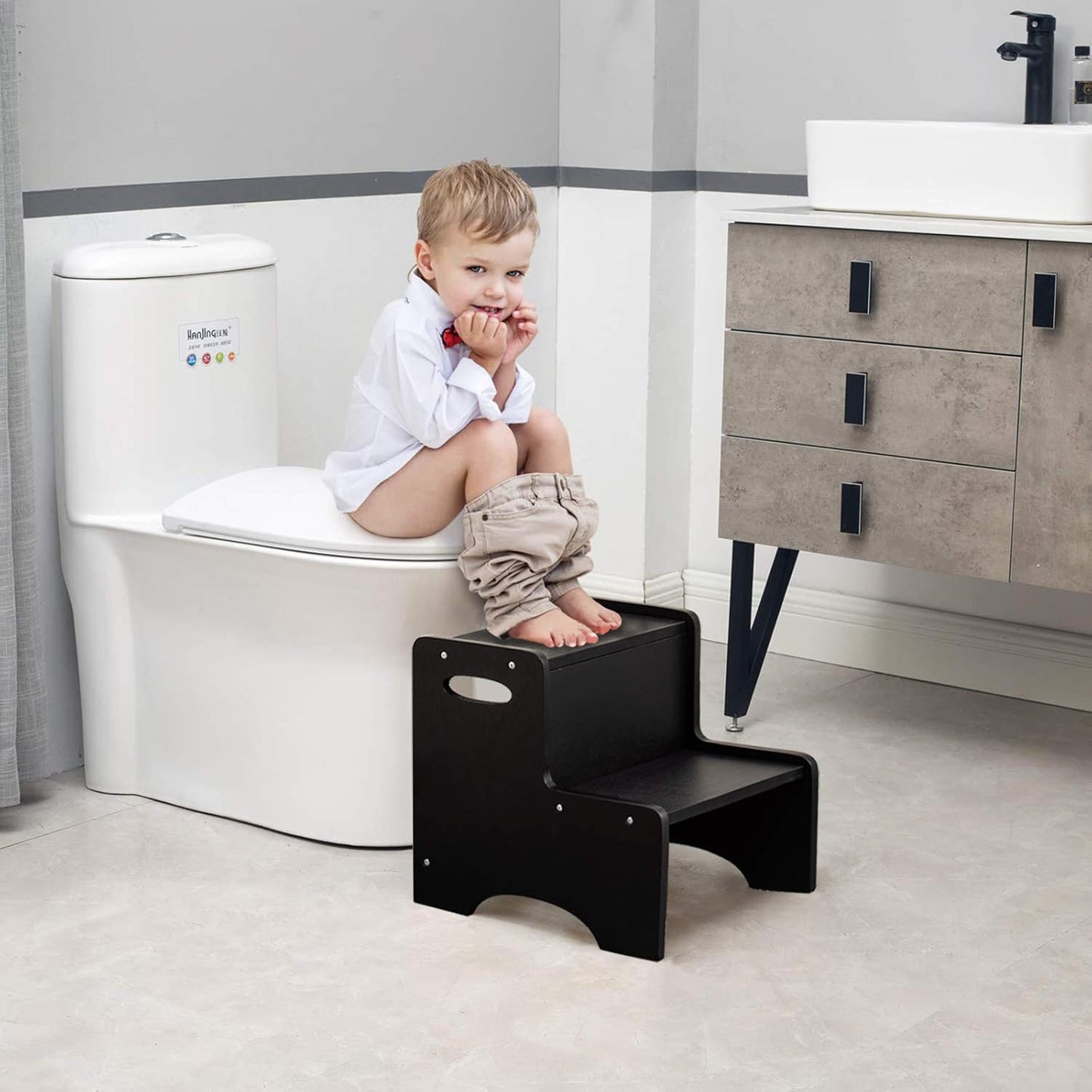 WOOD CITY Step Stool for Kids, Wooden Toddler Step Stool with Safety Non-Slip Mats and Handles for Kitchen, Bathroom Sink & Potty Training - Black