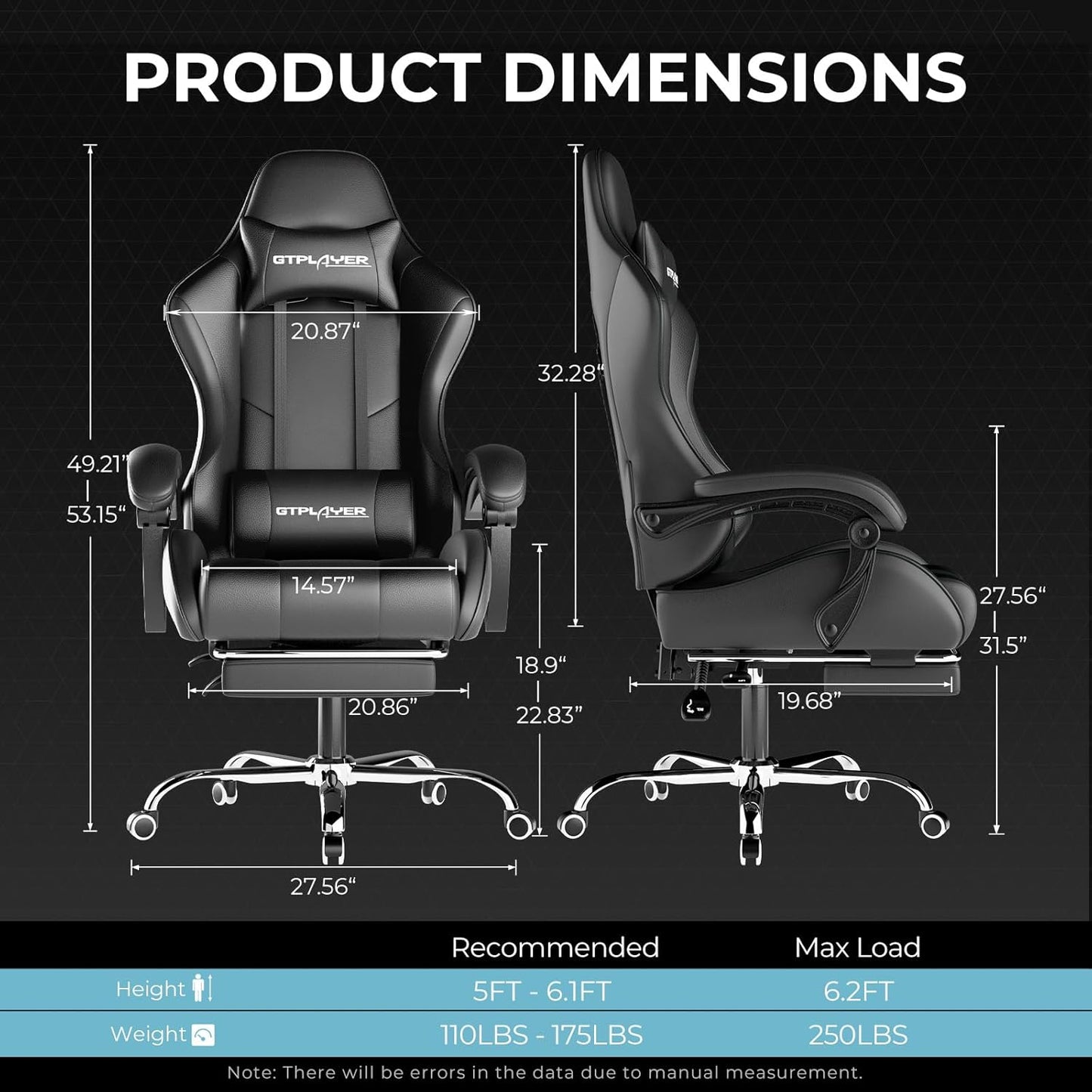GTPLAYER Gaming Chair, Computer Chair with Footrest and Lumbar Support, Height Adjustable Game Chair with 360°-Swivel Seat and Headrest and for Office or Gaming (Faux Leather, Black)