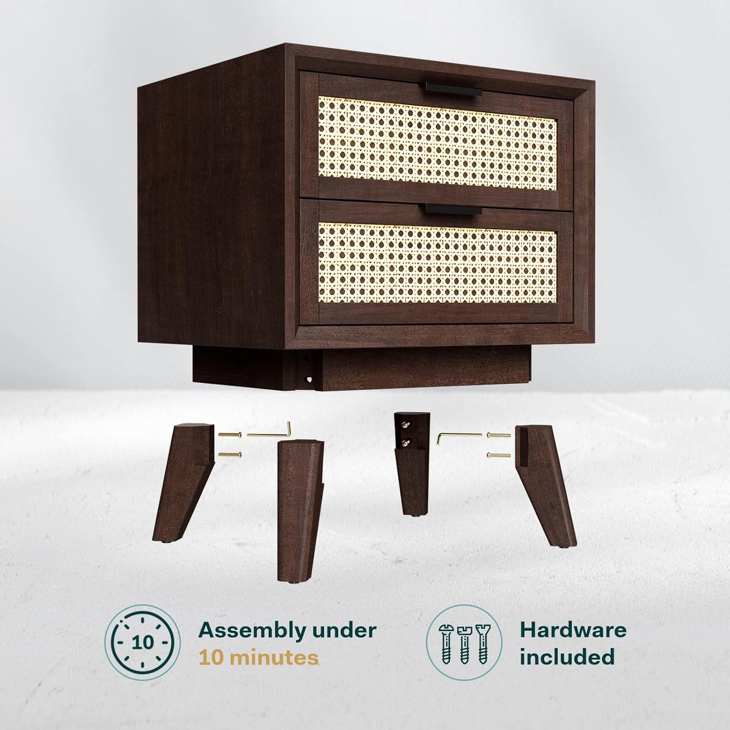 Bme Jasper Deluxe Solid Wood Rattan Nightstand Fully Assembled-Mid Century Modern Side Table with 2 Drawers-Multipurpose use for Living Room, Bedroom-Walnut