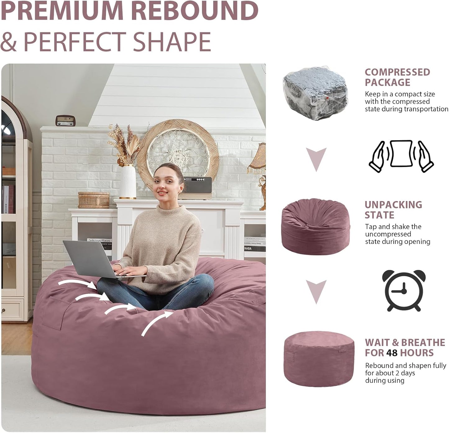 3FT Bean Bag Chair, Comfy Bean Bag Chairs with Memory Foam Filled, Fluffy Beanbag Sofa with Dutch Velvet Cover, Round BeanBag Chairs for Living Room, Playroom - Dusty Pink