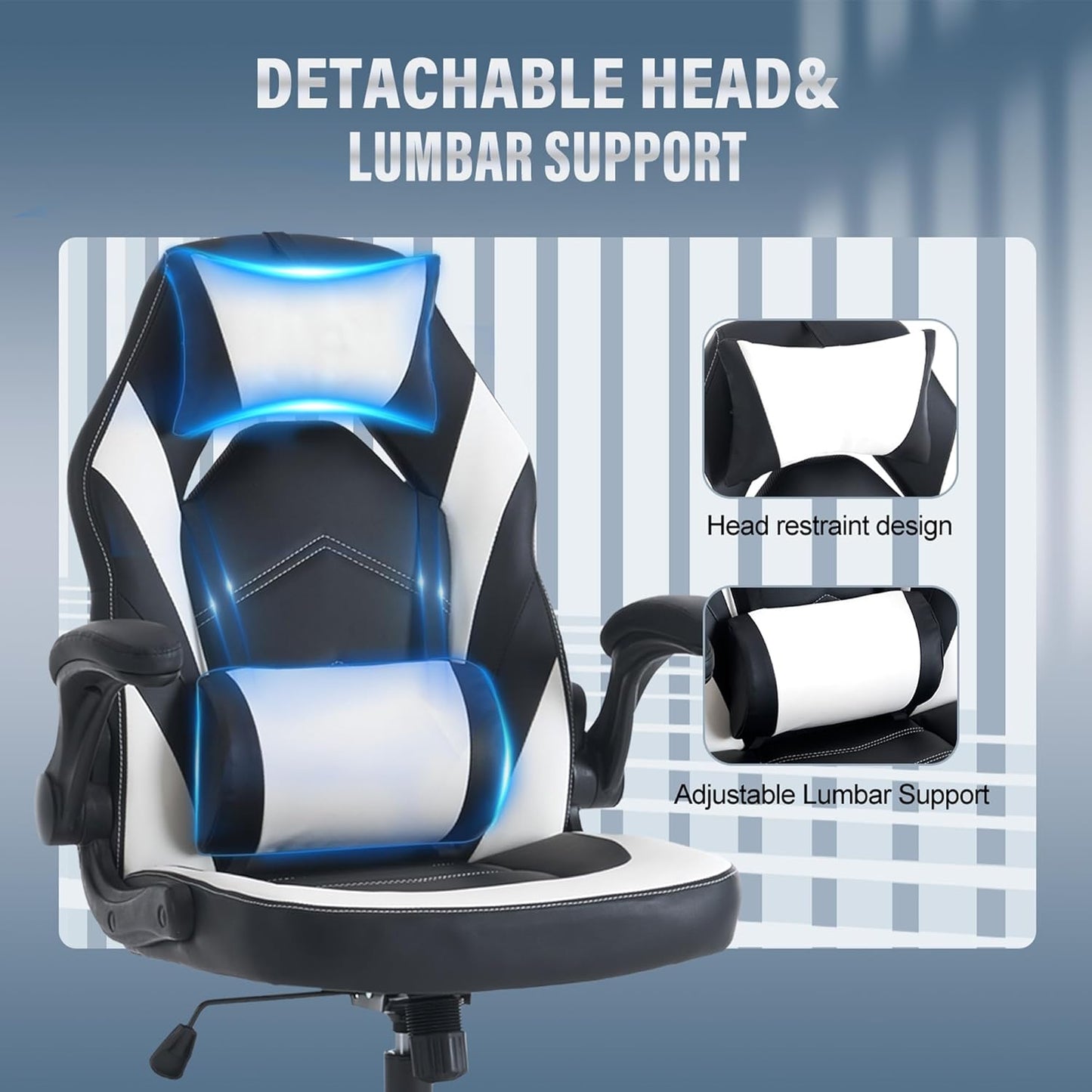 OLIXIS Computer Gaming Desk Chair - Ergonomic Video Game with Comfy Lumbar Support and headrest, PU Leather with Flip-up Arms, Adjustable Height and Swivel Wheels, for Adults, Black