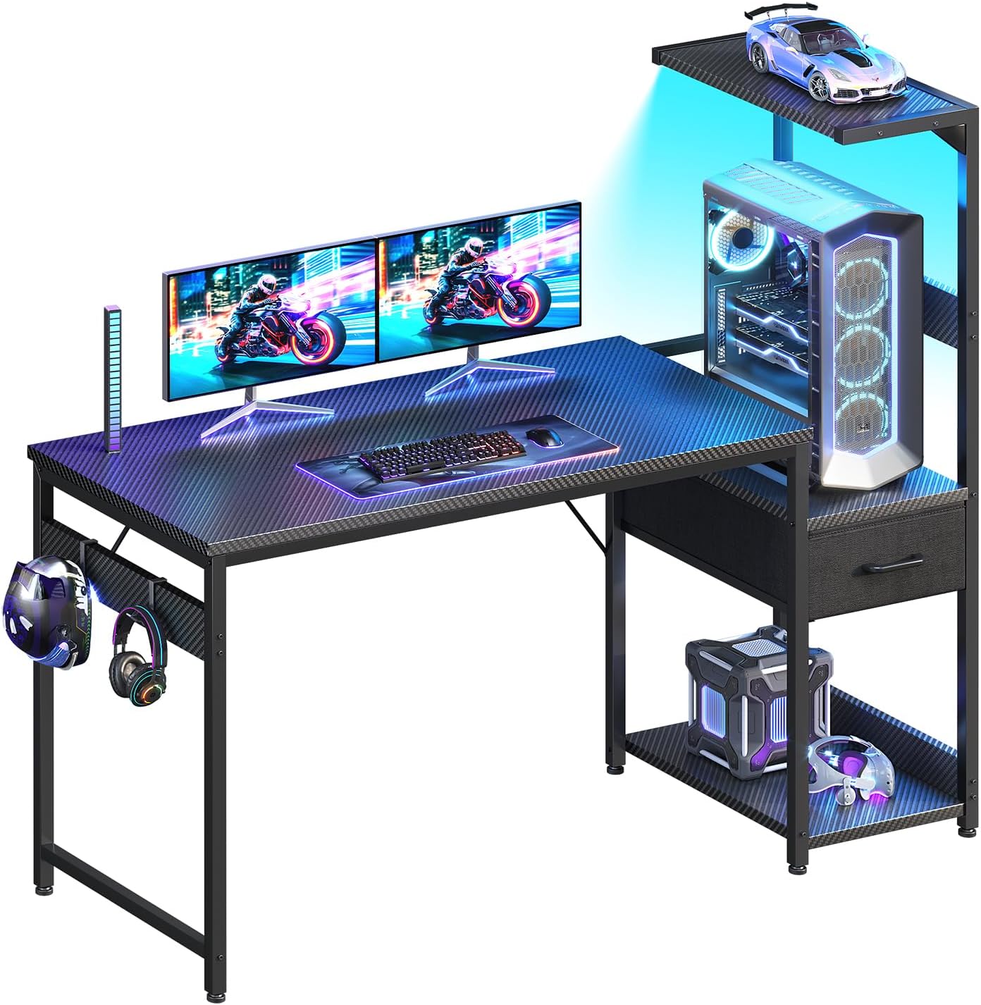 Casaottima 48 Inch Gaming Desk with Storage & LED Lights, Reversible Computer Desk with Display Shelves & Fabric Drawer, Modern Gamer Desk Table with Side Headphone Hook, Carbon Fiber Black