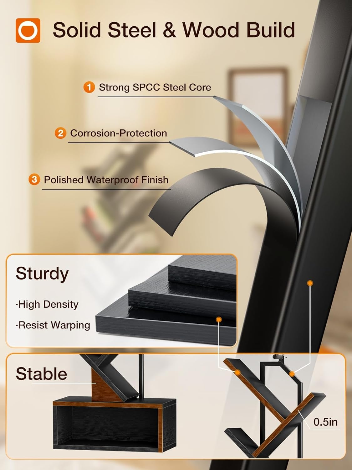 addlon 6-Tier Tree Bookshelf, Steel&Wood Corner Shelf with 3CCT Bulb,Small Book Shelf for Bedroom, Home Office&Living Room-Rustic Brown-Black Oak