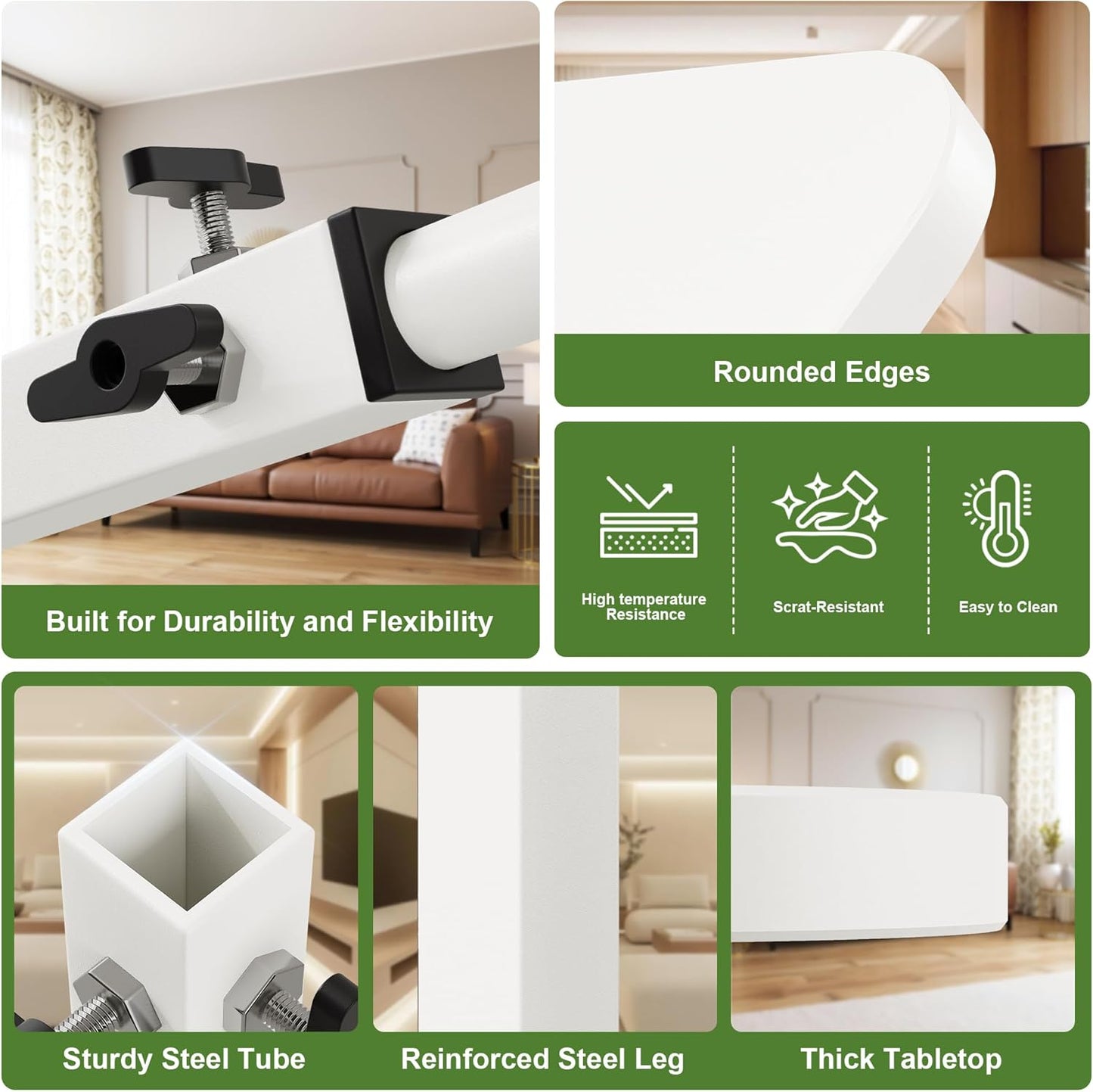 C Shaped End Table for Couch, Adjustable Height Couch Side Table, Horizontal 360°Swivel Small TV Tray Table Couch Side Tables That Slide Under (White)