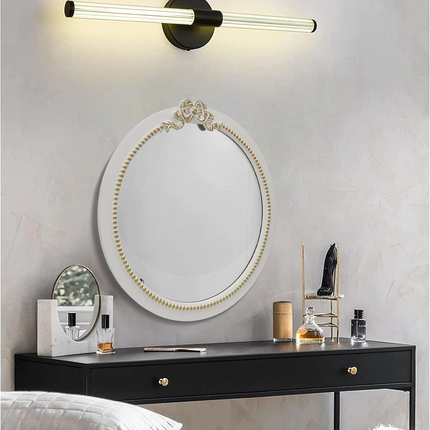 Vintage Round Wall Mirror 20inch Farmhouse Wooden Vanity Mirror for Wall Decor, Decorative Antique White Bathroom Mirrors, Traditional Art Home Bow Decor for Dressing Table, Living Room or Bedroom