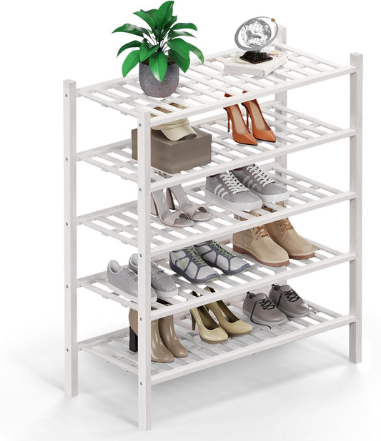 Haddockway 5 Tier Bamboo Shoe Rack Storage Organizer, Multifunctional Free Standing Stackable Shoe Shelf with Grid Panel for Closet,Hallway,Entryway,Small Space 27"x11"x32" (White, 5 Tier)