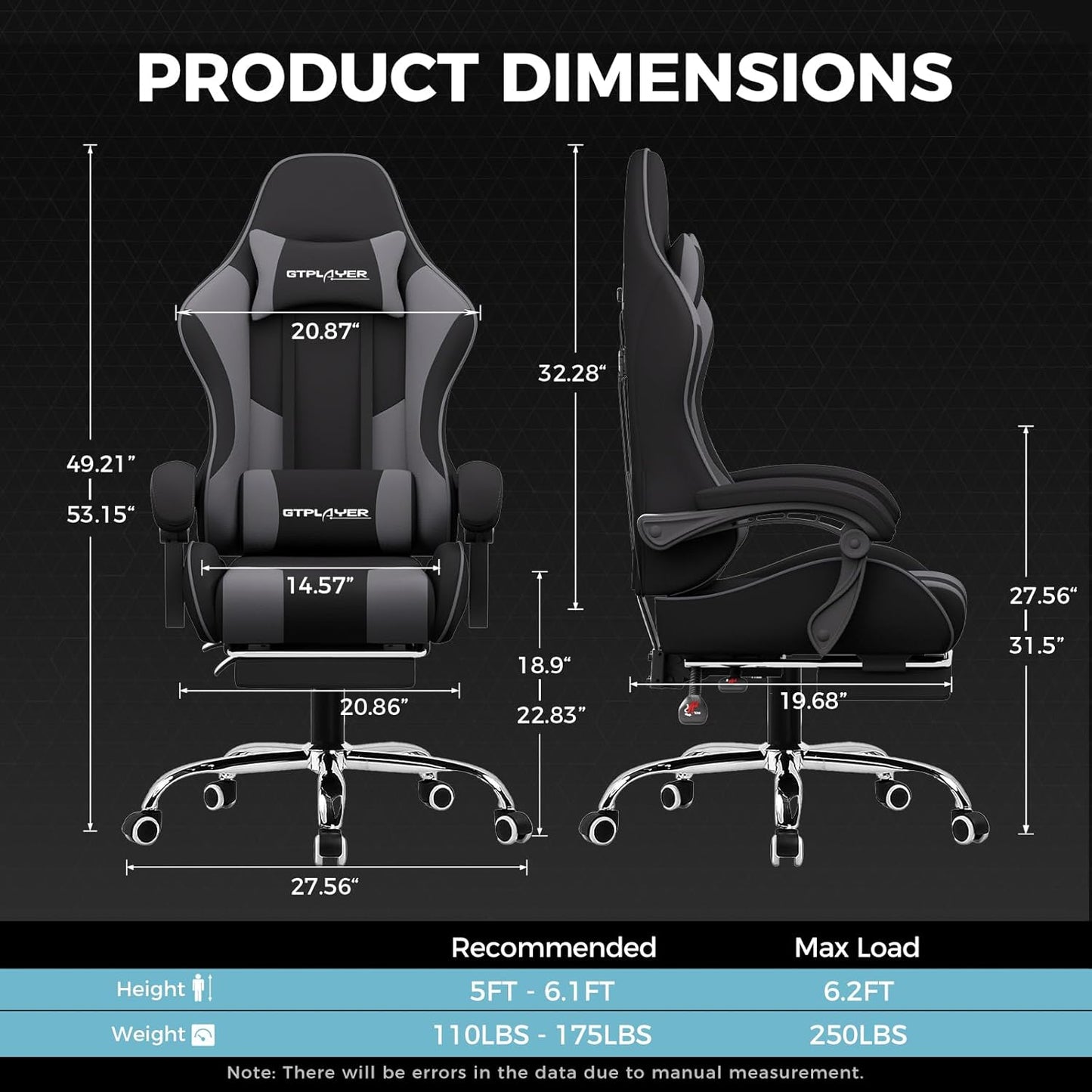 GTPLAYER Gaming Chair, Computer Chair with Footrest and Lumbar Support, Height Adjustable Game Chair with 360°-Swivel Seat and Headrest and for Office or Gaming (Darkgray, Fabric)