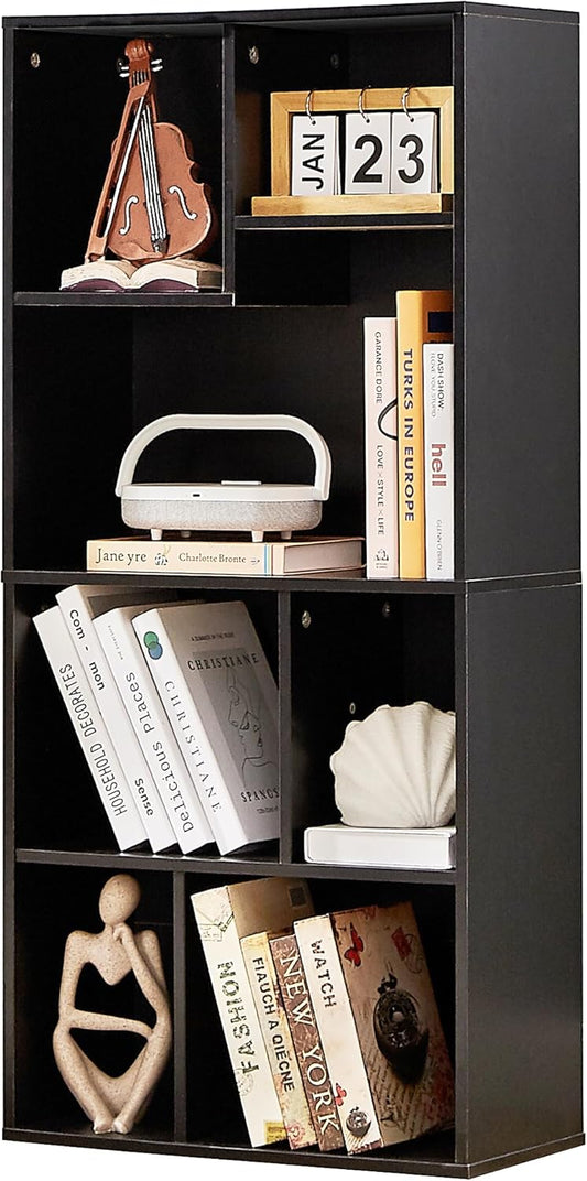 VECELO 42" Modern Bookshelf,7 Cube Organizer Bookcase,Fits Tallest Hardcovers, Horizontal Available,Floor Standing Display,Easy Assembly, Matte Black