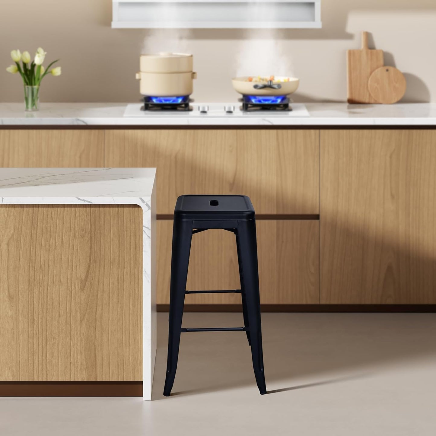 30 Inches Metal Bar Stools, High Backless Stools, Indoor Outdoor Stackable Kitchen Stools, Set of 4, Dark