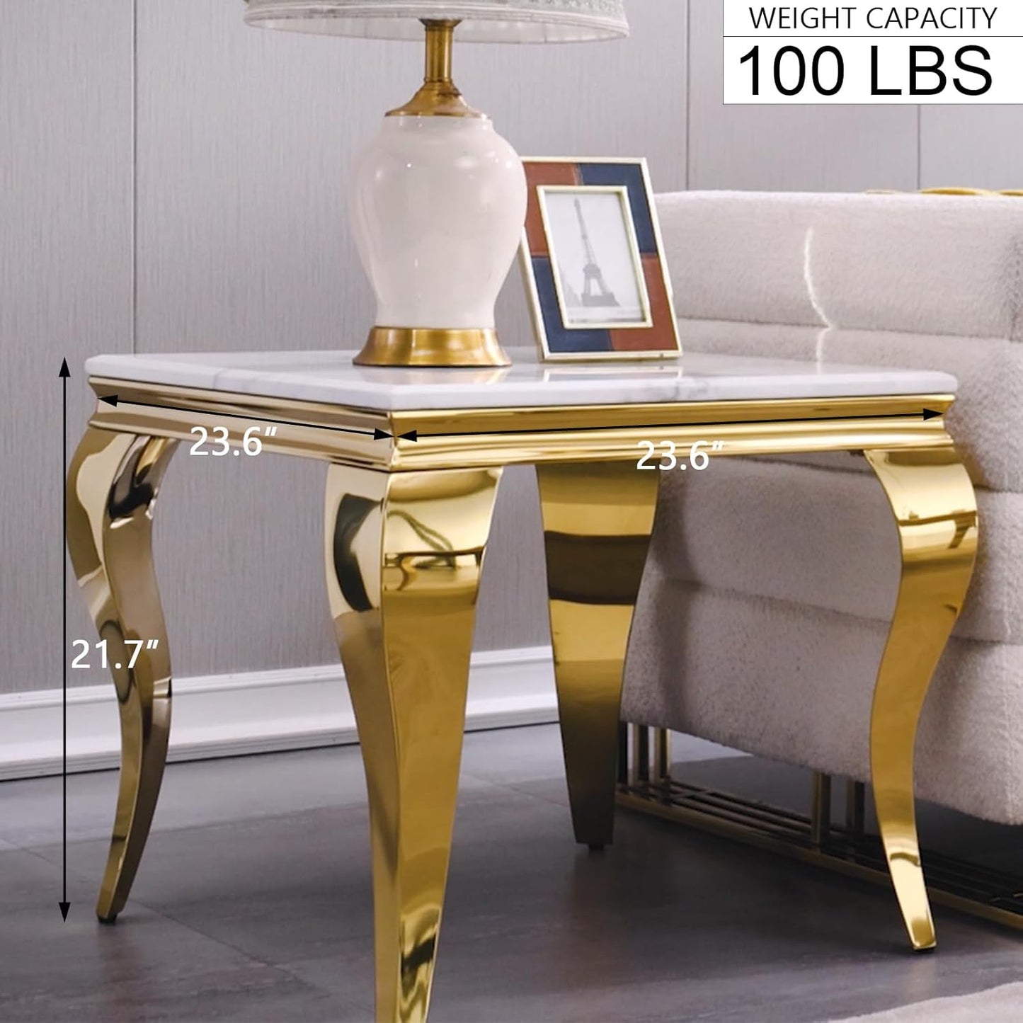Gold End Table, Modern Square Living Room End Table with Mirrored Stainless Steel Cabriole Legs