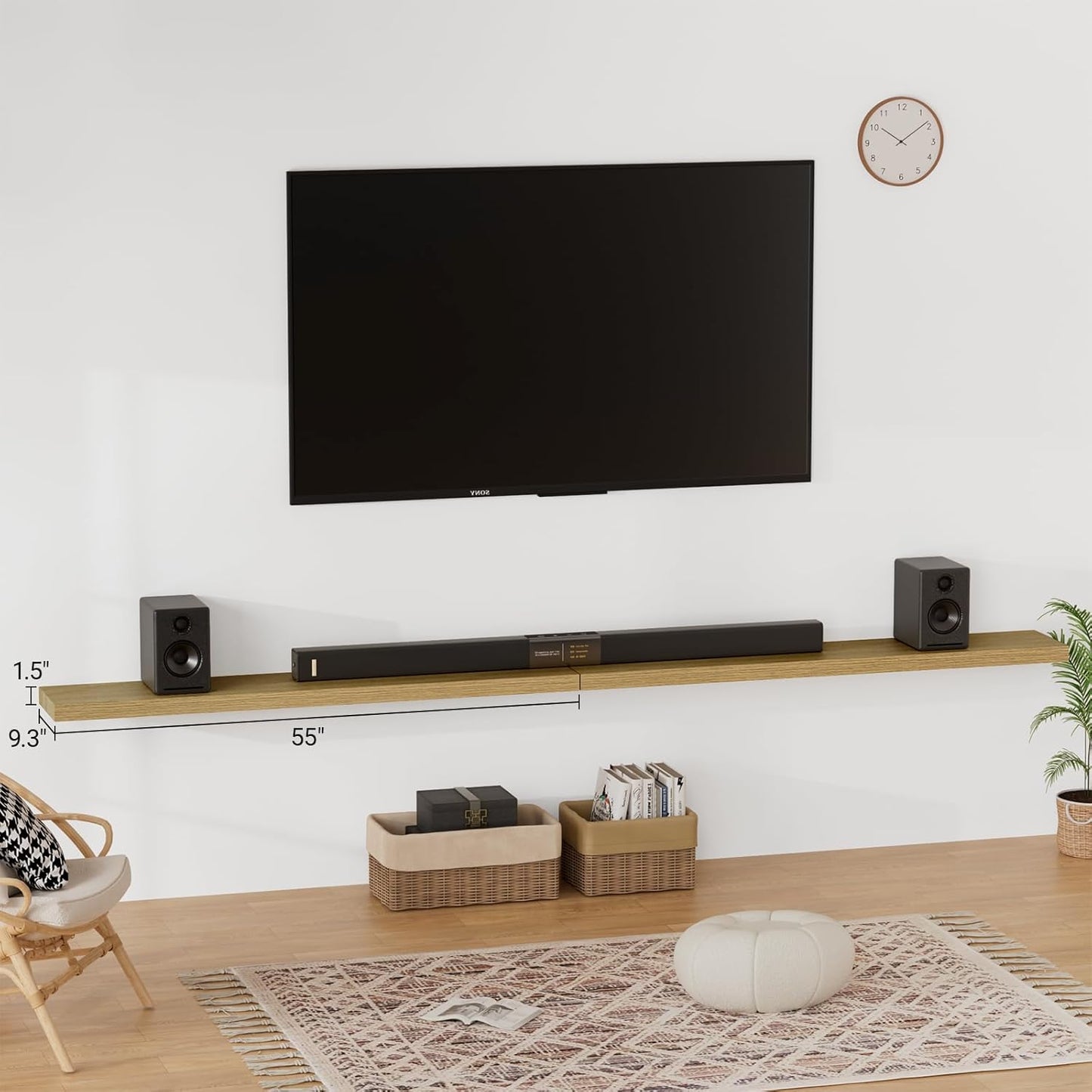 Heimlove 55 Inch Long Floating Shelves for Wall,9.3" Deep Oak Floating Shelves Set of 2,Large Display Shelf & Storage Shelf,Wall Mounted Shelves for Bedroom Living Room Kitchen Office