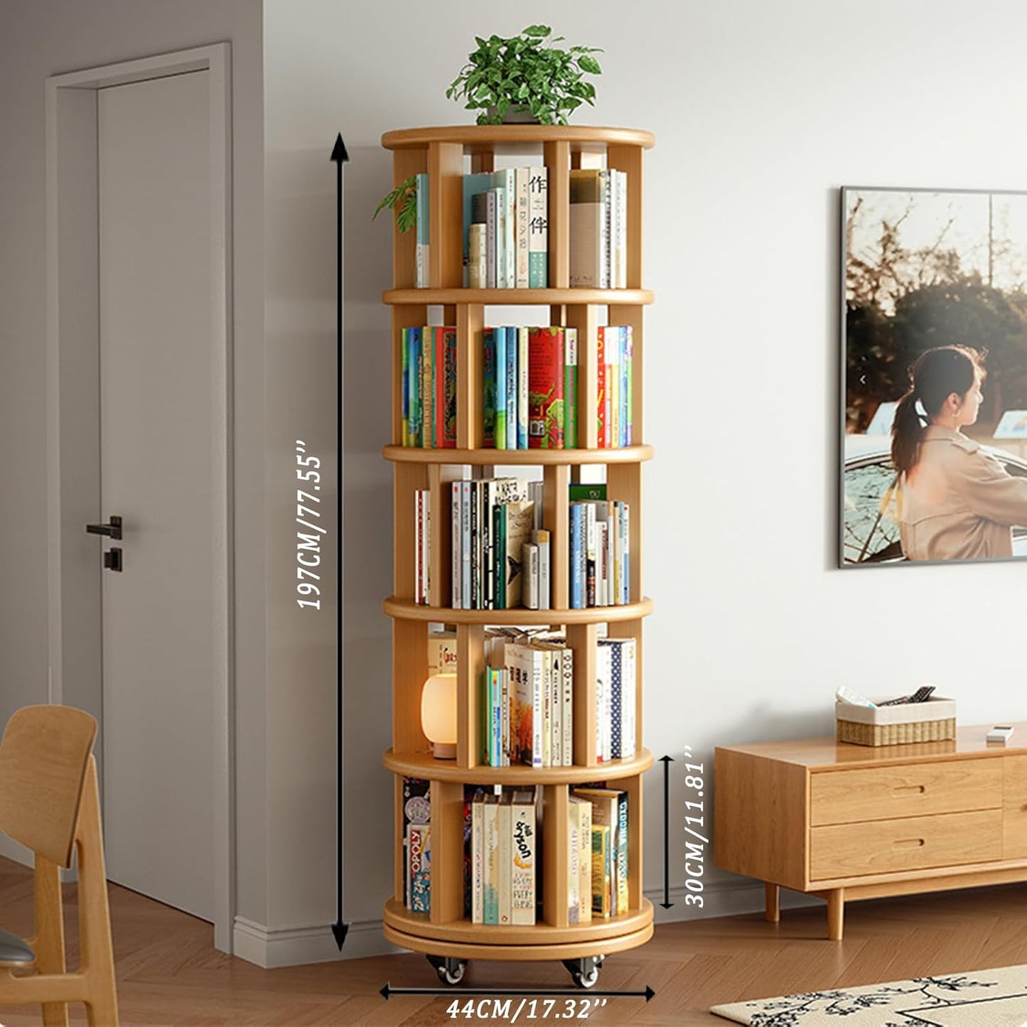 Wood Rotating Bookshelf on Wheels, 360-Degree Space Saving Bookcase, Large Capacity Spinning Bookshelf Tower for Living Room,Bedroom and Corners (Nature-5 Layers)