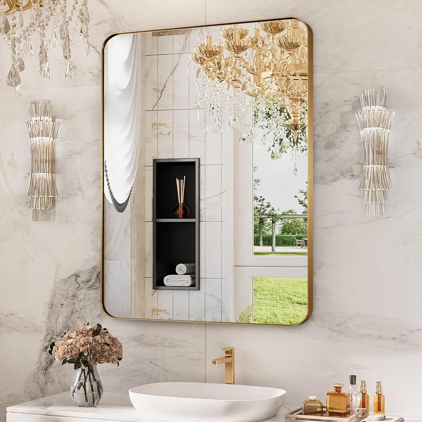 22x30 Inch Brushed Gold Mirror for Bathroom, Rounded Rectangle Mirrors Wall Mounted, Anti-Rust Metal Framed Bathroom Mirror for Wall, Modern Vanity Mirrors Hangs Horizontally or Vertically