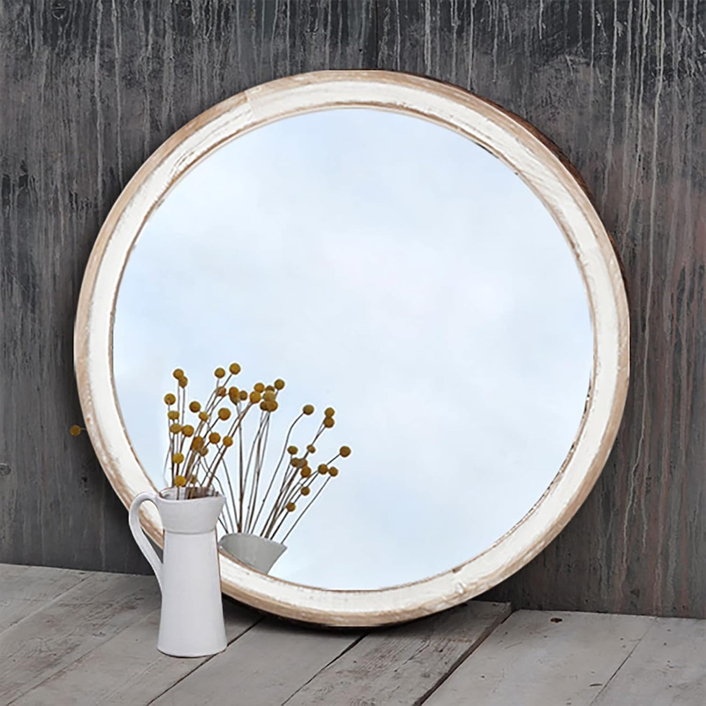 24 Inches Wooden Round Wall Mirror for Bathroom Vanity, Farmhouse Decorative Circle Mirrors with Whitewash Edge, for Bedroom, Entryway, Living Room, Kithen, Home, Office