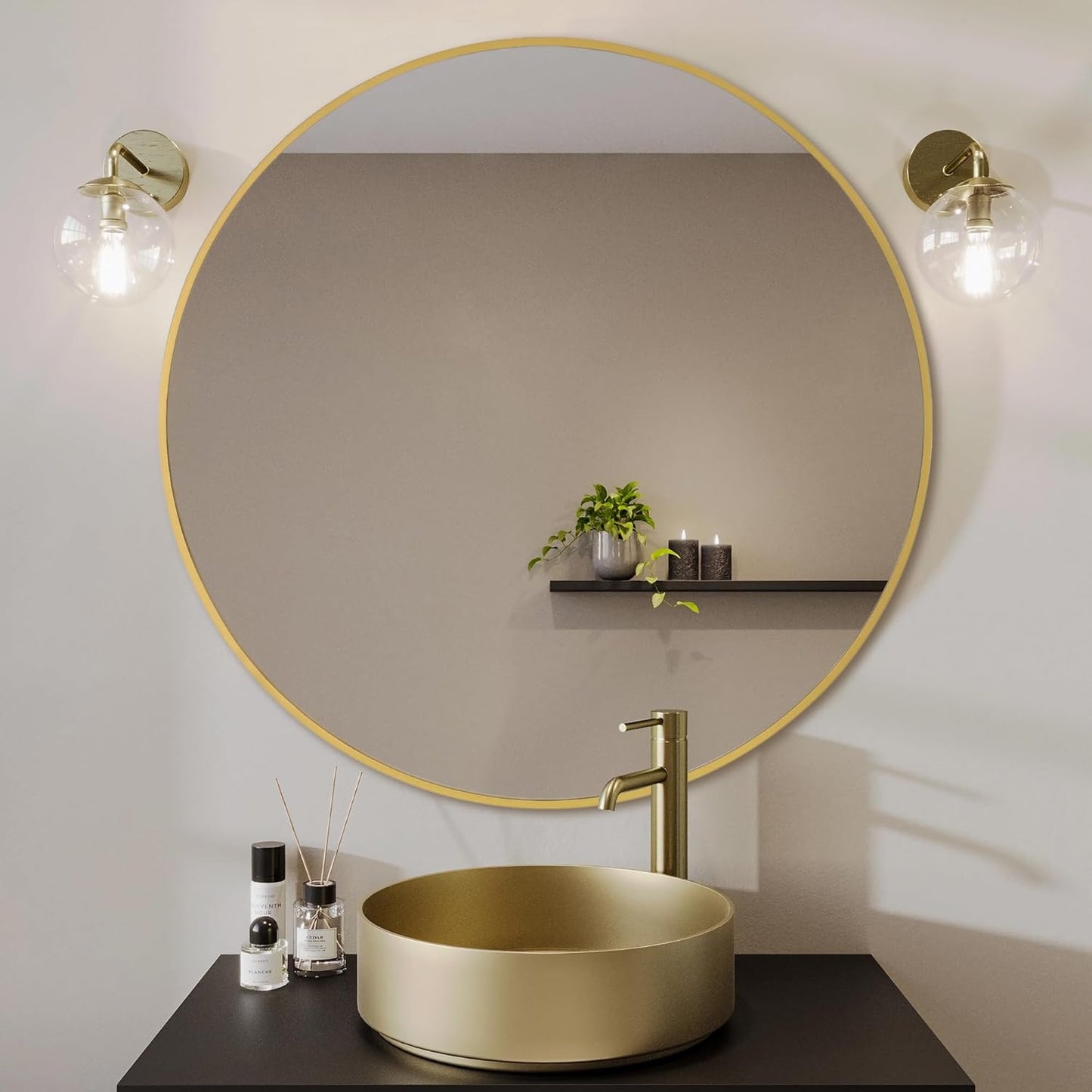 Gold Round Mirror,Bathroom 30 Inch Vanity Wall Mirror,Modern Circle Mirror for Wall,Wood Mirror for Bedroom Living Room Entryway