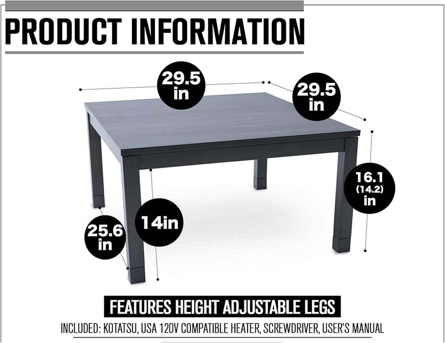 BJDesign Kotatsu - Japanese Heated Table - Wooden Chabudai Furniture with 120V Electric Heater - Low-Lying Dining and Work Desk with Temperature Control Knob (29x29in, Black)