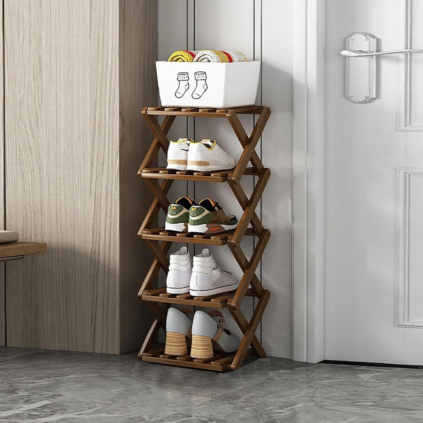 Shoe Rack, Bamboo Foldable Shoes Organizer Free Standing Shelf for Entryway, Closet, Bedroom, Hallway, | Natural | Functional | Multifunctional Shoe Rack (Wood Color) 5 Layers