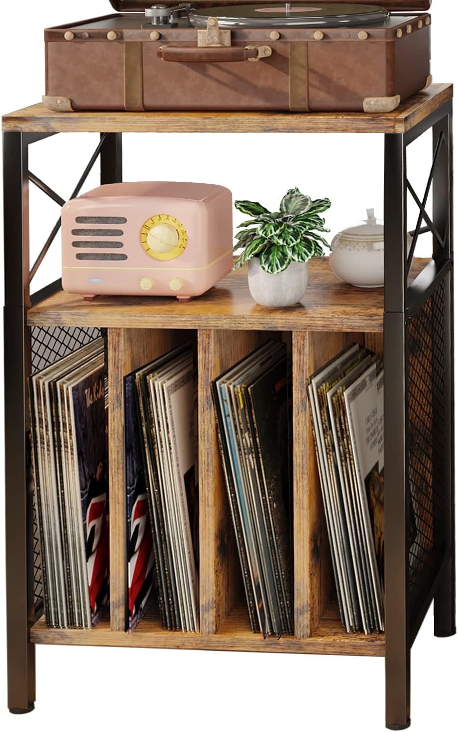 3-Tier Record Player Stand, Vinyl Record Storage Turntables for Vinyl Records, Record Player Table Holds Up to 200 Albums, Mid-Century Turntable Stand for Living Room, Bedroom, Office