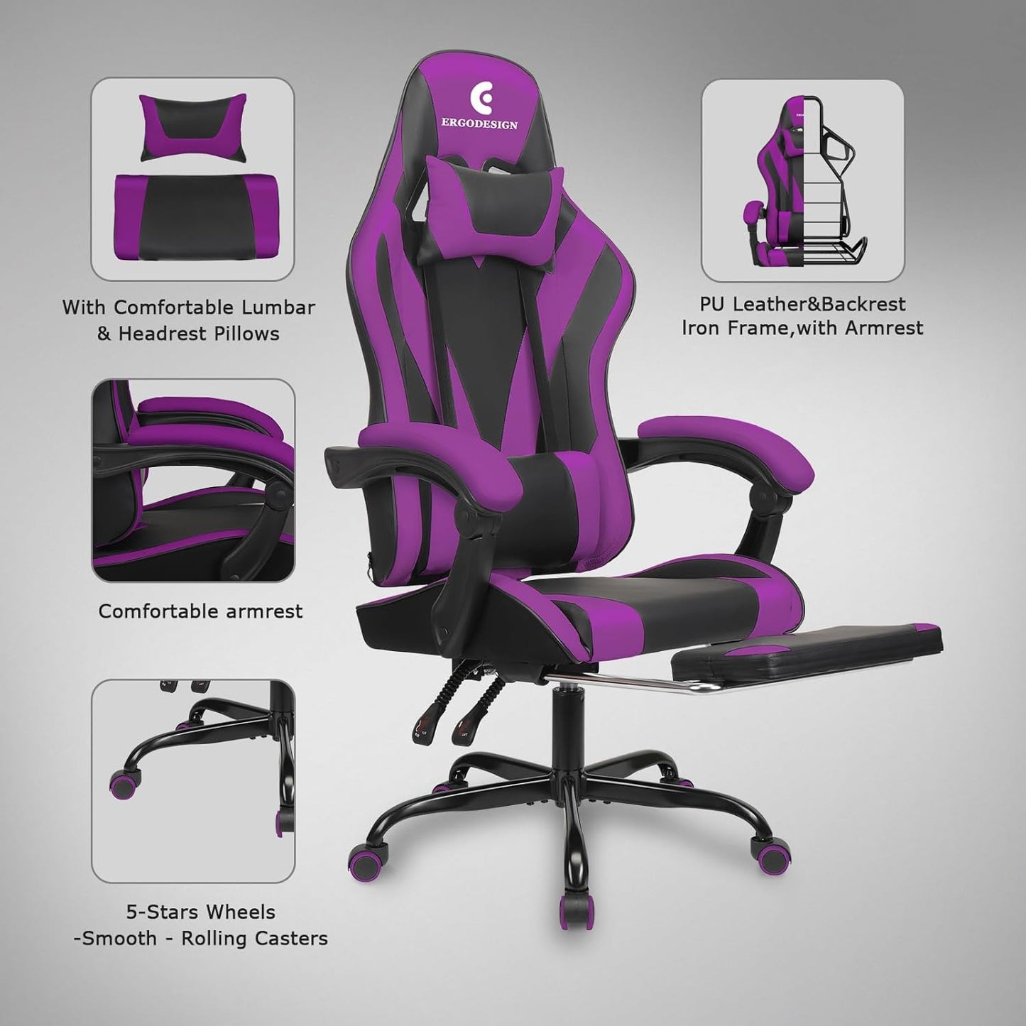 Gaming Chair with Linkage Armrest & Footrest, High Back Video Gaming Chair, Black/Purple