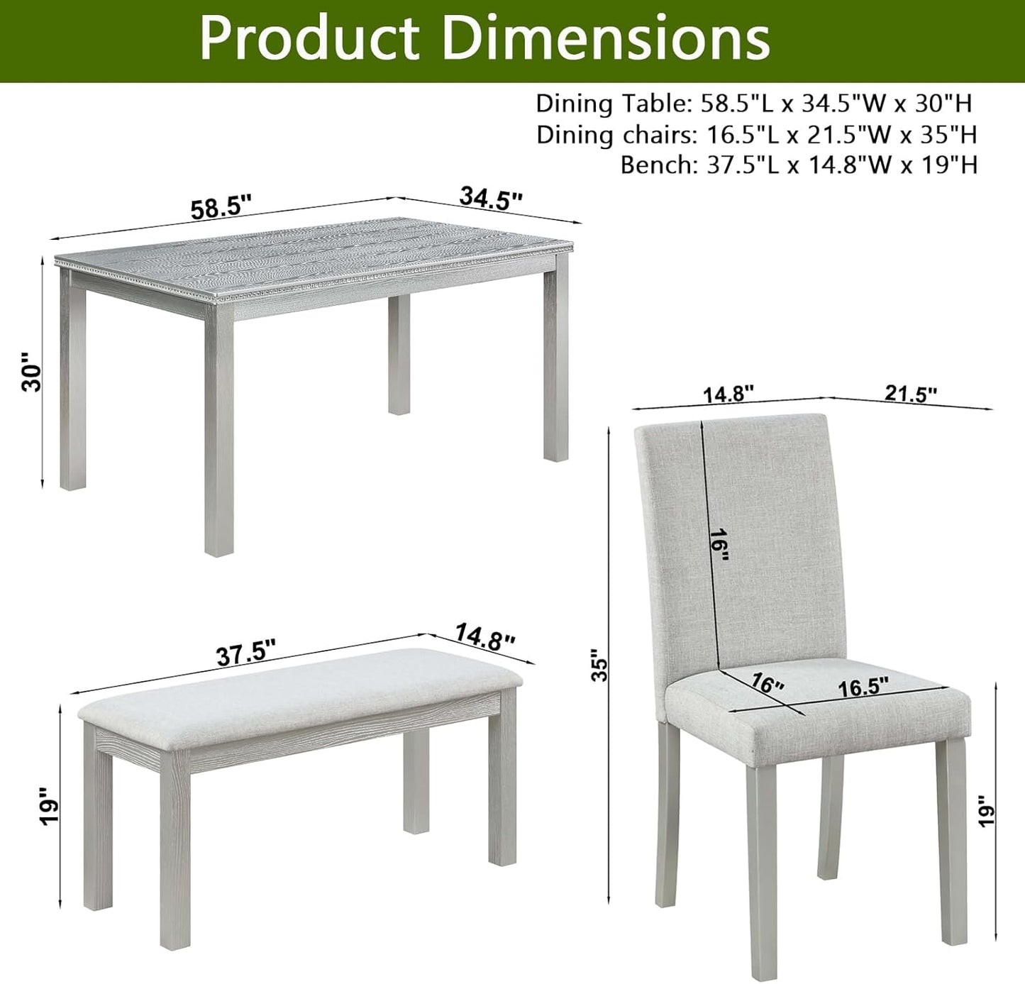 soges 6 Piece Wooden Dining Table Set, Dining Room Table with 4 Upholstered Chairs and Bench, Rectangular 6-Person Kitchen Dining Table Set with Crystal Decoration, Silver Grey