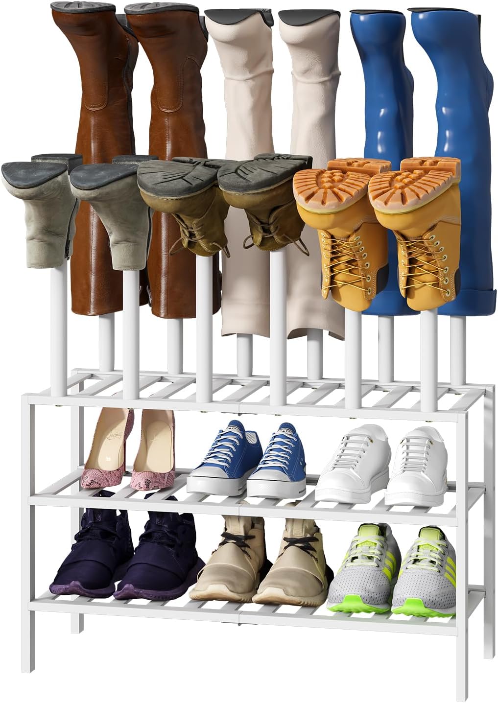 White Boot Rack, Boot Rack Organizer Tall Boots with Shoe Rack for Closet, Bamboo Wood Shoe Shelf Storage Organizer for Entryway