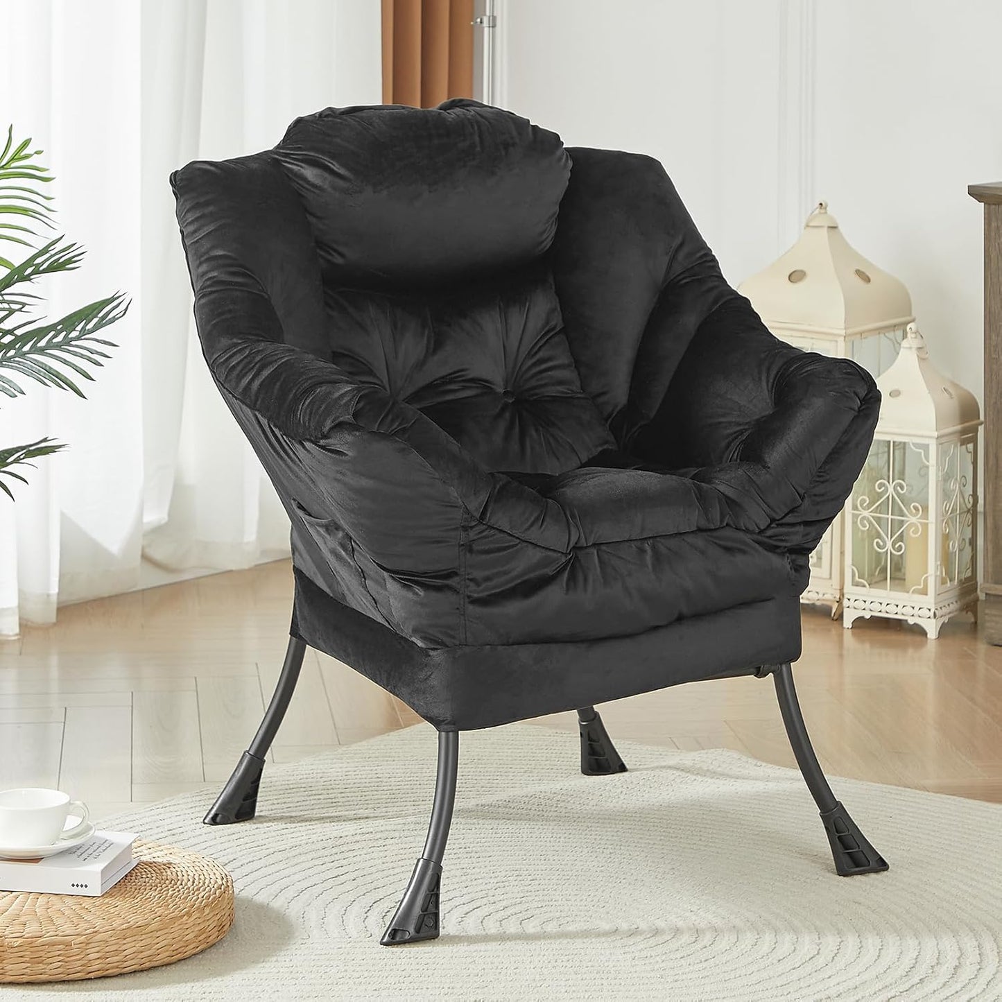 HollyHOME Fabric Large Lazy Chair for Living Room Chair Accent Reading Chair Cozy Lounge Chair with Armrest Leisure Sofa Chair for Bedroom, Dorm, Black