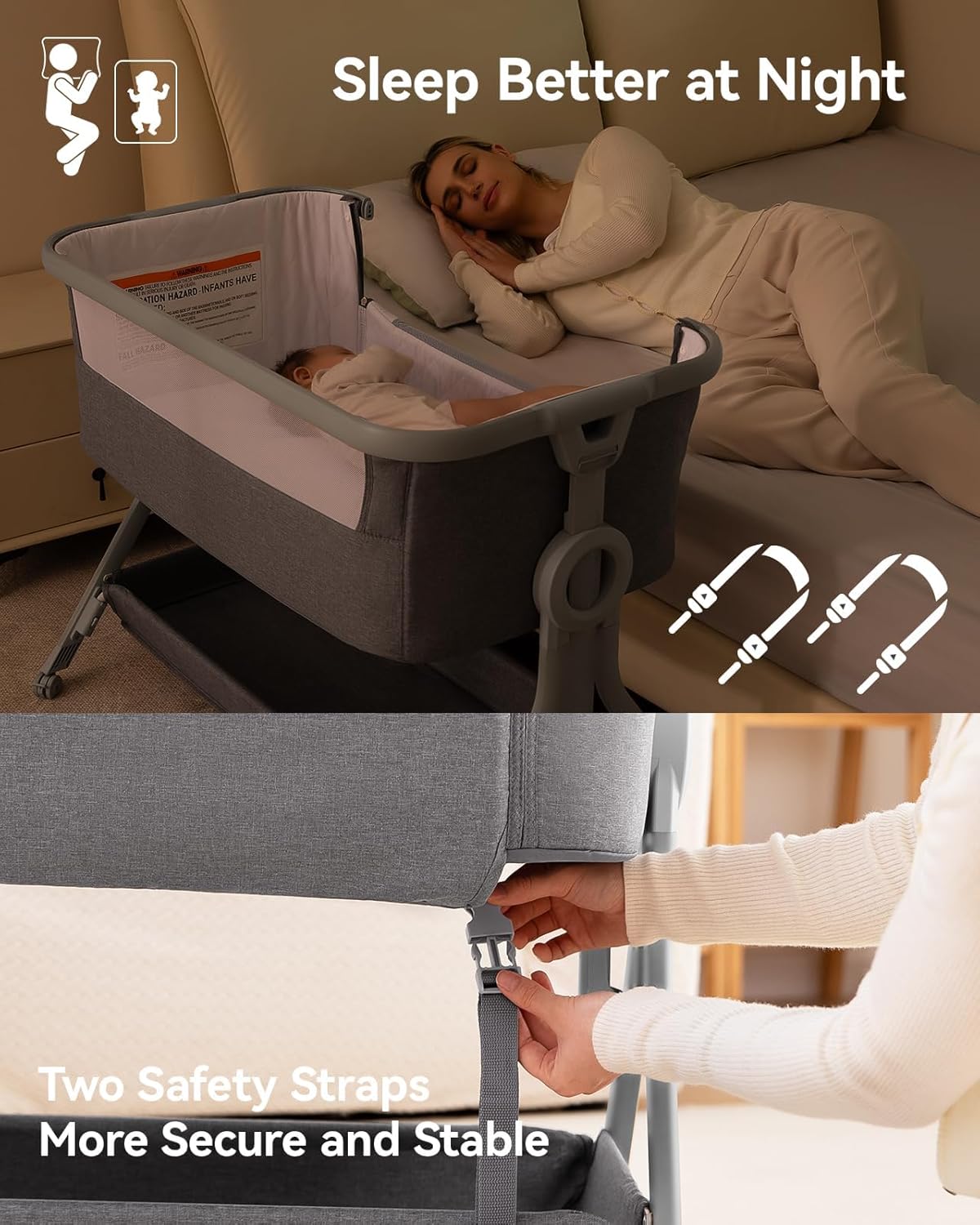 Larex 3 in 1 Baby Bassinet Bedside Sleeper, Breathable Mesh Safe Bedside Bassinet for Baby, Easy Assemble and Folding Portable Bassinet, 5 Height Adjustable Bedside Crib with Storage Basket. (Grey)