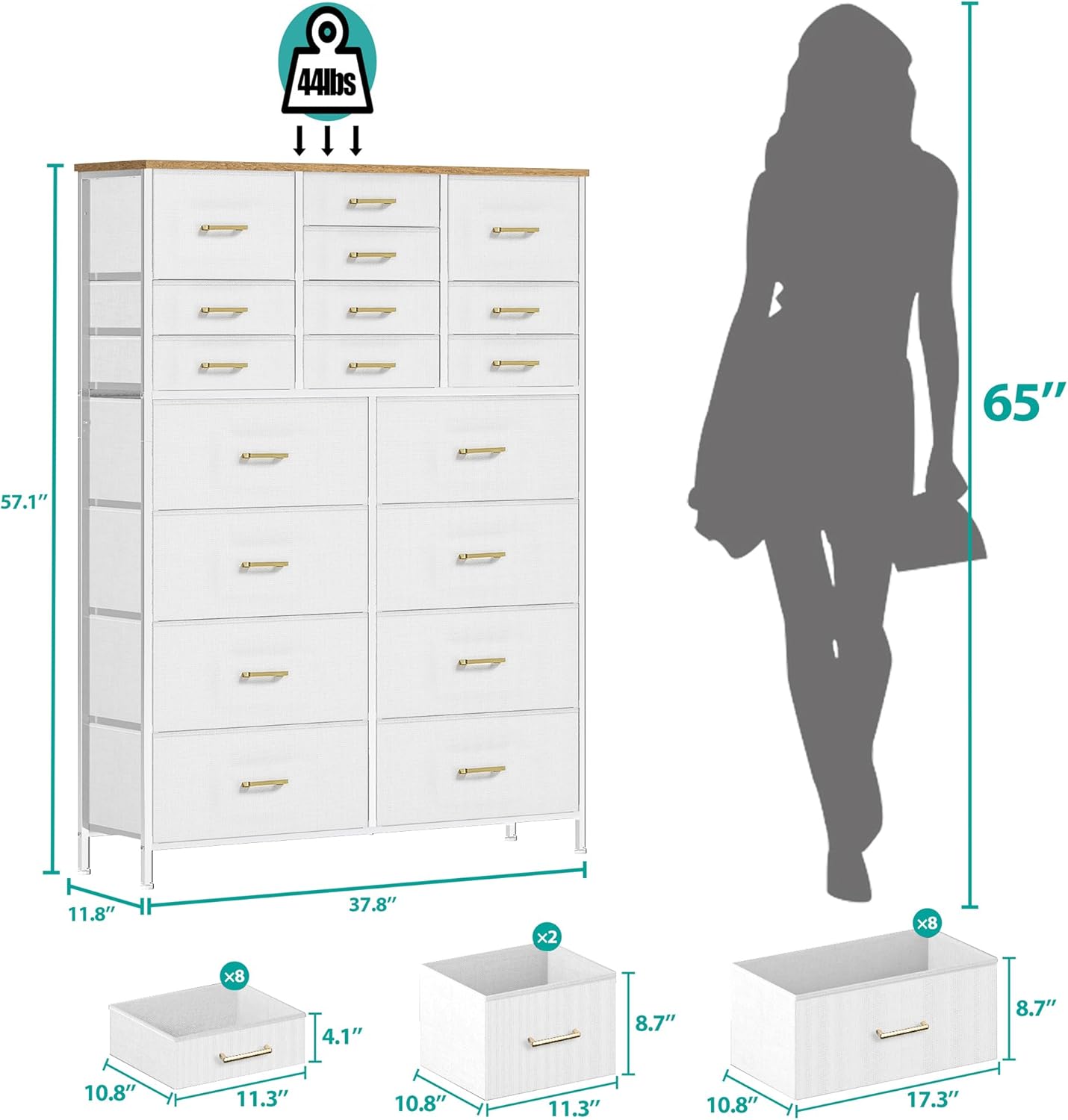 Modern Chest of Drawers for Bedroom，Tall White Fabric Dresser with 18 Deep Drawers, Large Vertical Storage Organizer Cabinet for Closet, Nursery, Office