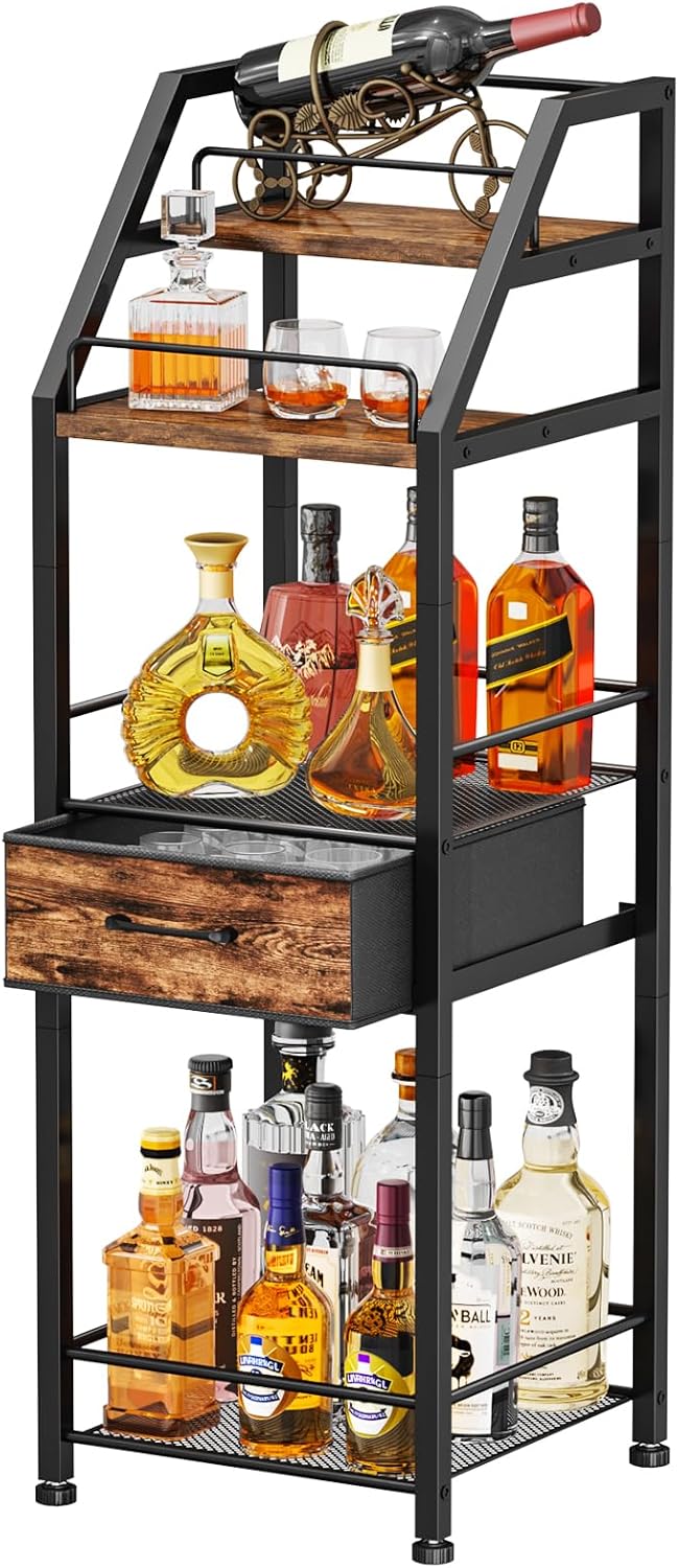 HapiRm Wine Rack Freestanding Floor - 4-Tier Stepped Liquor Cabinet Bar Stand for Home with Fabric Drawer, Wine & Glass Organizer for Living Room, Kitchen, or Dining Room
