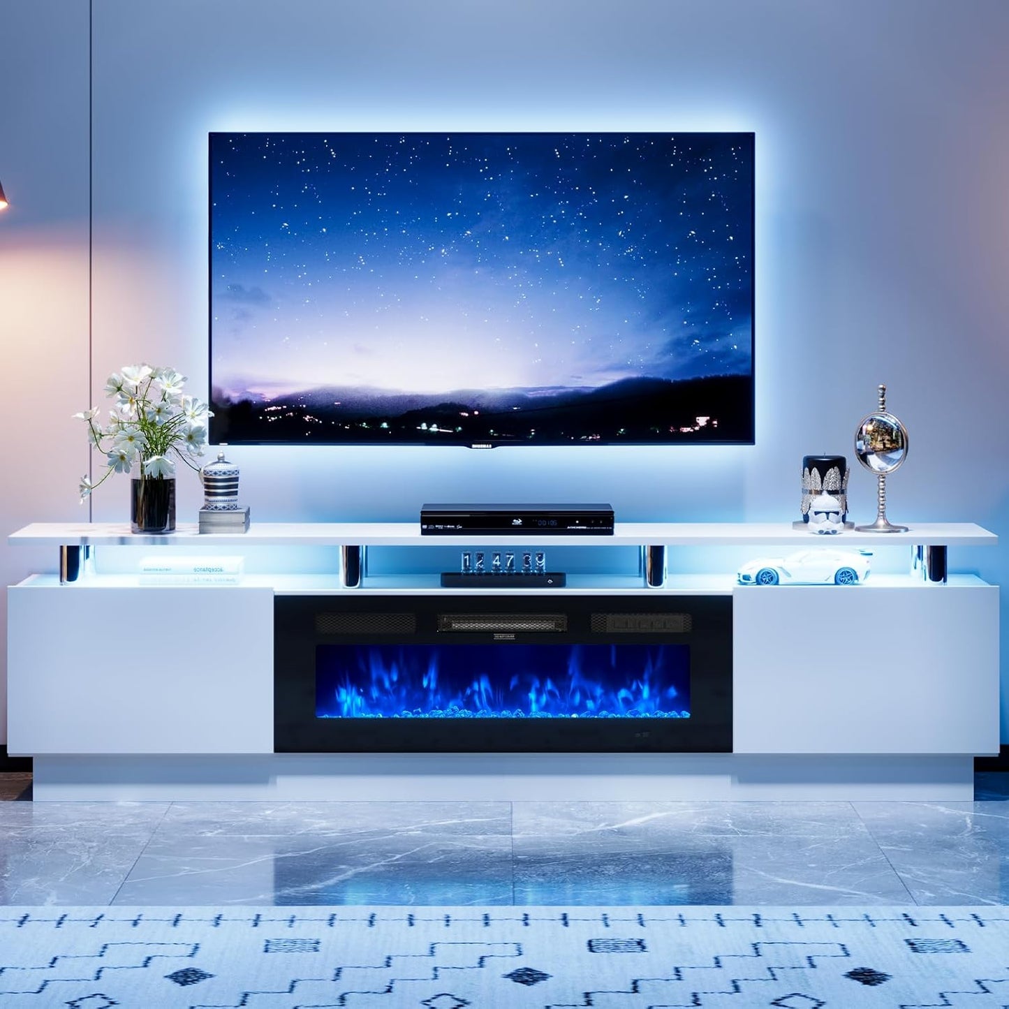 80" TV Stand & Media Console, Entertainment Center with Storage Shelves, Fits TVs up to 90", Modern Living Room Cabinet, 36" Electric Fireplace (White+Black)