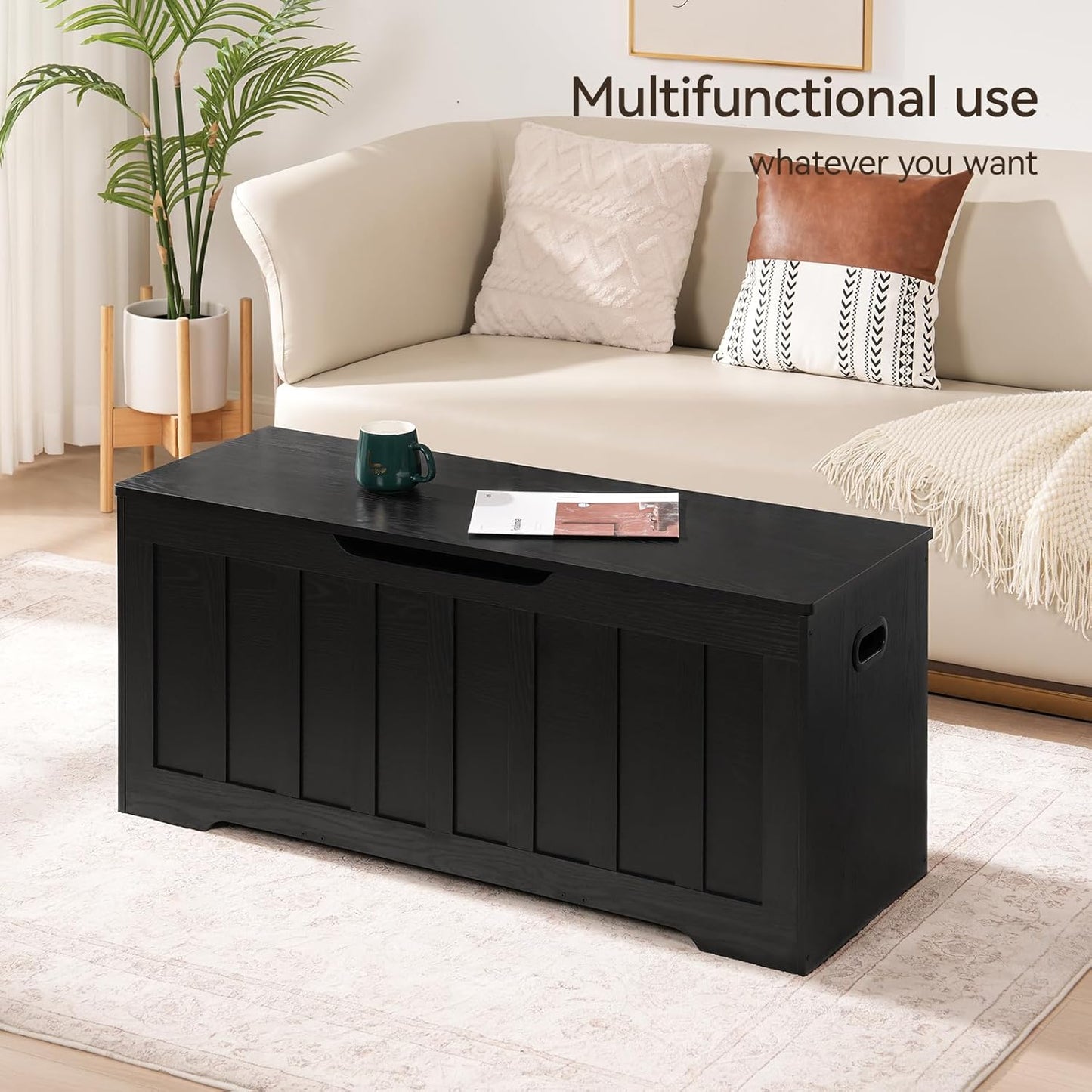 43.3" Storage Chest Extra Large,Storage Trunk with 2 Safety Hinges,Wooden Storage Bench,Shoe Bench,43.3x15.7x19.1 Inch,Easy Assembly,Storage Bench for Bedroom,Living Room,entryway(Black).