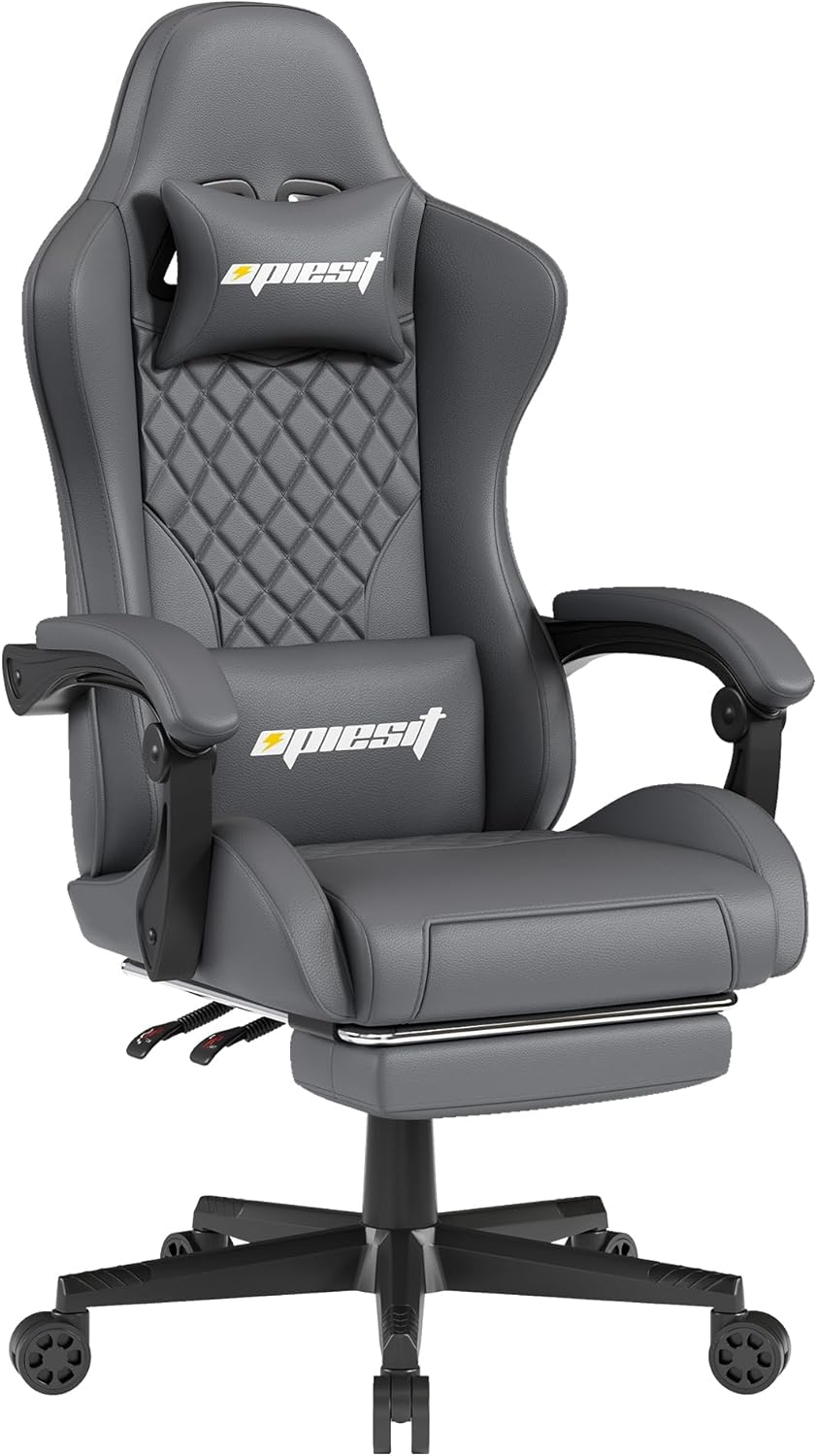 Gaming Chair Office Chair with Footrest, Height Adjustable, Ergonomic Computer Chairs with Pocket Spring Cushion, PU Leather,Video Game Chair 360° Swive,(PU-Grey)