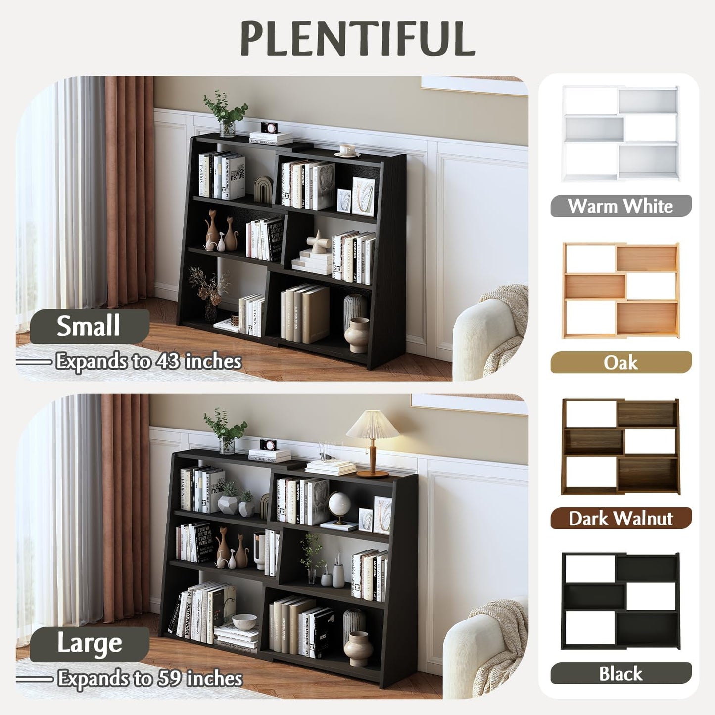 IOTXY Wooden Extendable Shelf Bookcase - 3-Tier Ladder Low Short Bookshelf for Small Space or Corner, Black, L