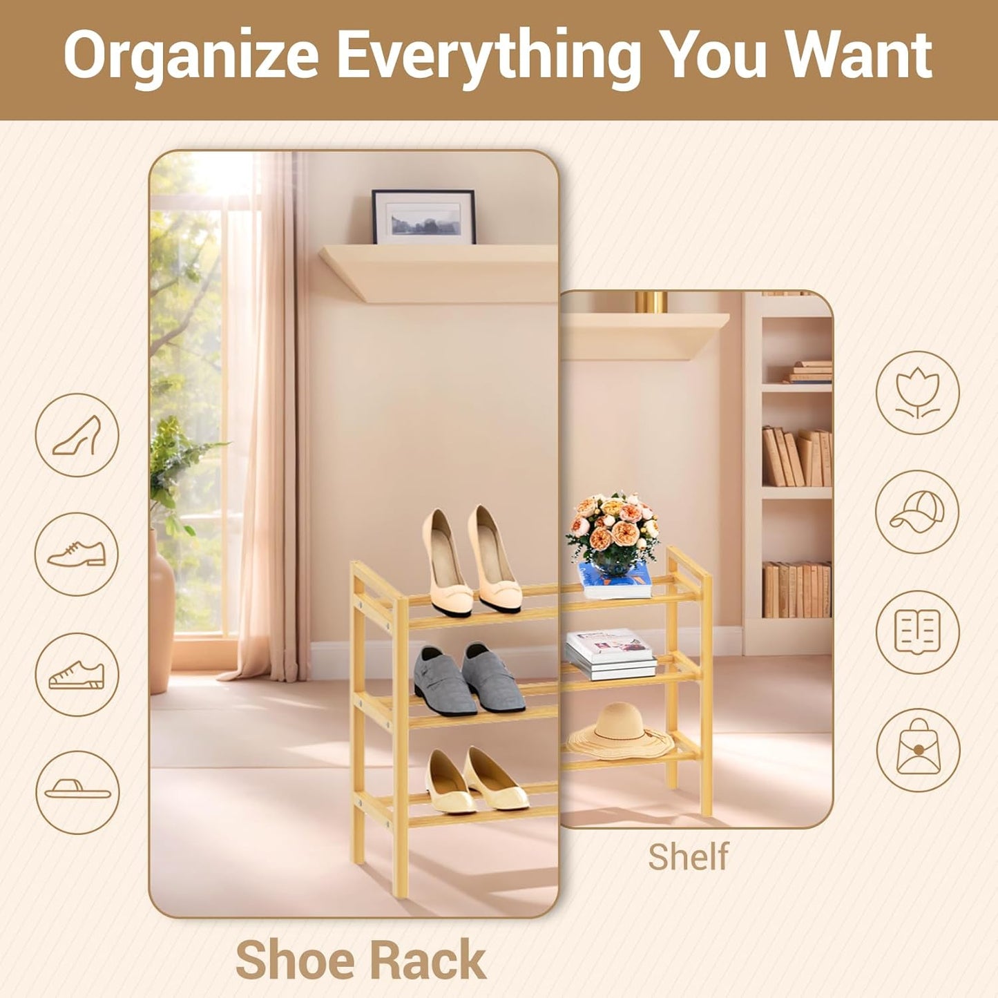 Haddockway Bamboo Shoe Rack for Closet, Free Standing Shoe Organizer with Smooth Round Rods & Convenient Handles, Stackable Shoe Storage Shelf for Entryway, Hallway(Natural, 3-Tier(Small))