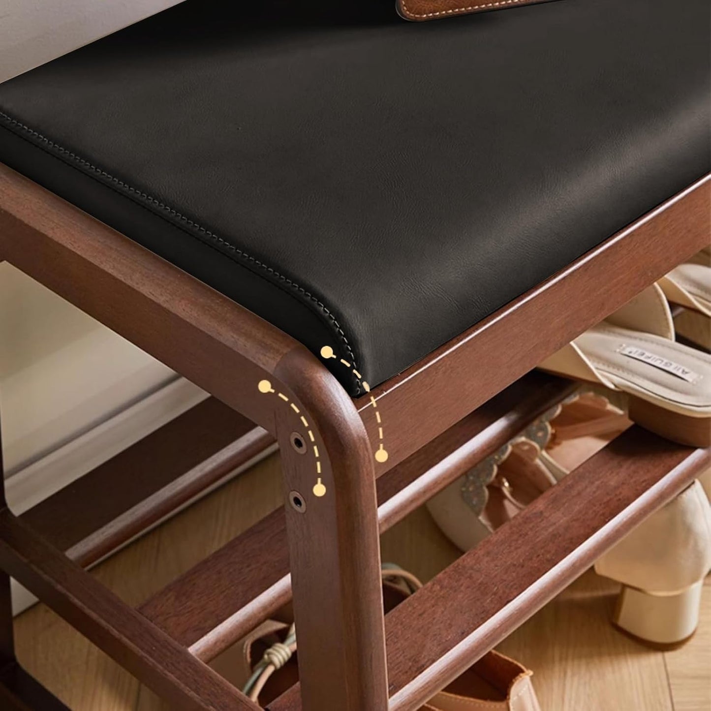 Wooden Shoe Storage Bench with Padded Top Cushion, Two-Tier Wooden Shoe Rack, Suitable for Bedrooms and Living Rooms, Black Walnut(39.4'')