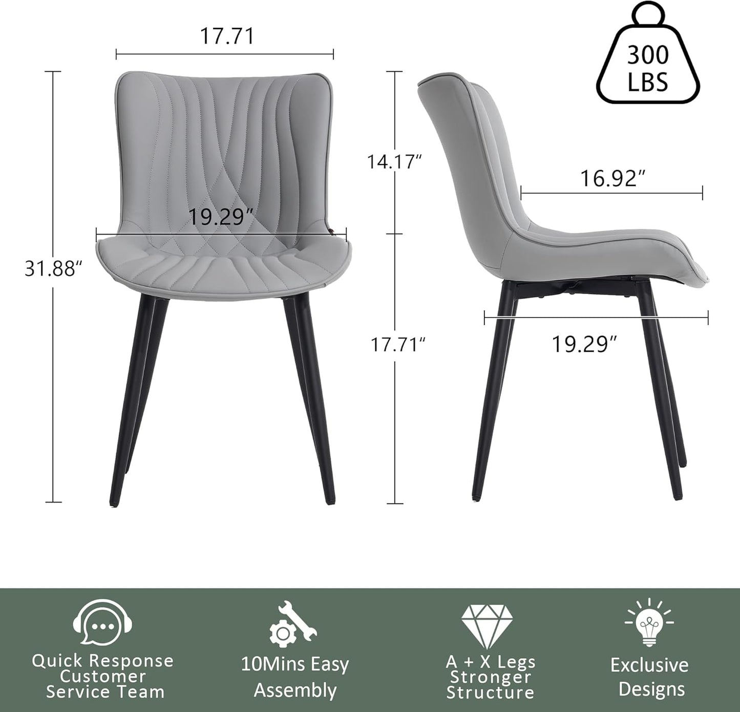 YOUTASTE Grey Dining Chairs Set of 2 Faux Leather Upholstered Kitchen Dining Room Chairs Mid Century Modern Metal Legs Chairs High Back for Kitchen Restaurant Living Room Bedrooms
