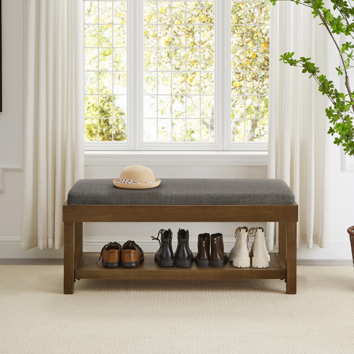 24KF Large Rectangular Storage Bench,Upholstered Seat Cushion,Ottoman Coffee Table with Removable Granite Cushion for Living Room,Entryway Bench Bed Bench with Solid Wood Shelf,5069-Granite