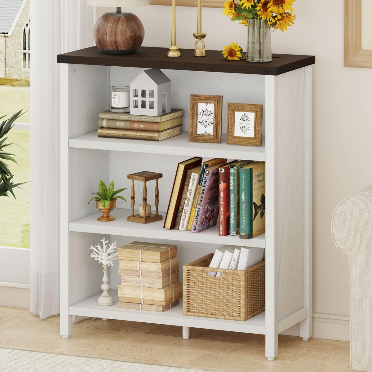 BON AUGURE Small Bookshelf for Small Space, 3 Tier Bookcase, Farmhouse Wood Low Book Case, Short Storage Book Shelf for Home Office, Living Room, Bedroom (White Oak and Walnut Brown)