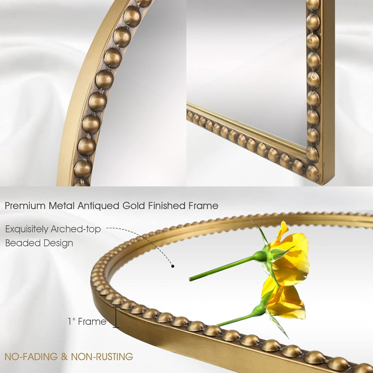 Arched Wall Mirror for Bathroom, 20"x30" Metal Beaded Frame Decorative Accent Mirror, Large Modern Distressed Hanging Wall Decor for Washroom, Bedroom, Living Room, Entryway, Antique Gold