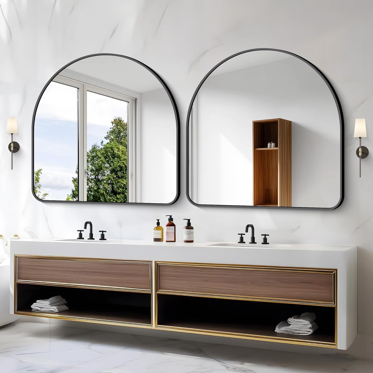 Arched Bathroom Mirror, 30"x30" Black Arched Mirror for Bathroom, Wall Mounted Mirror, Gold Vanity Wall Mirror Metal Frame for Bedroom, Entryway, Living Room, Vertically Hanging