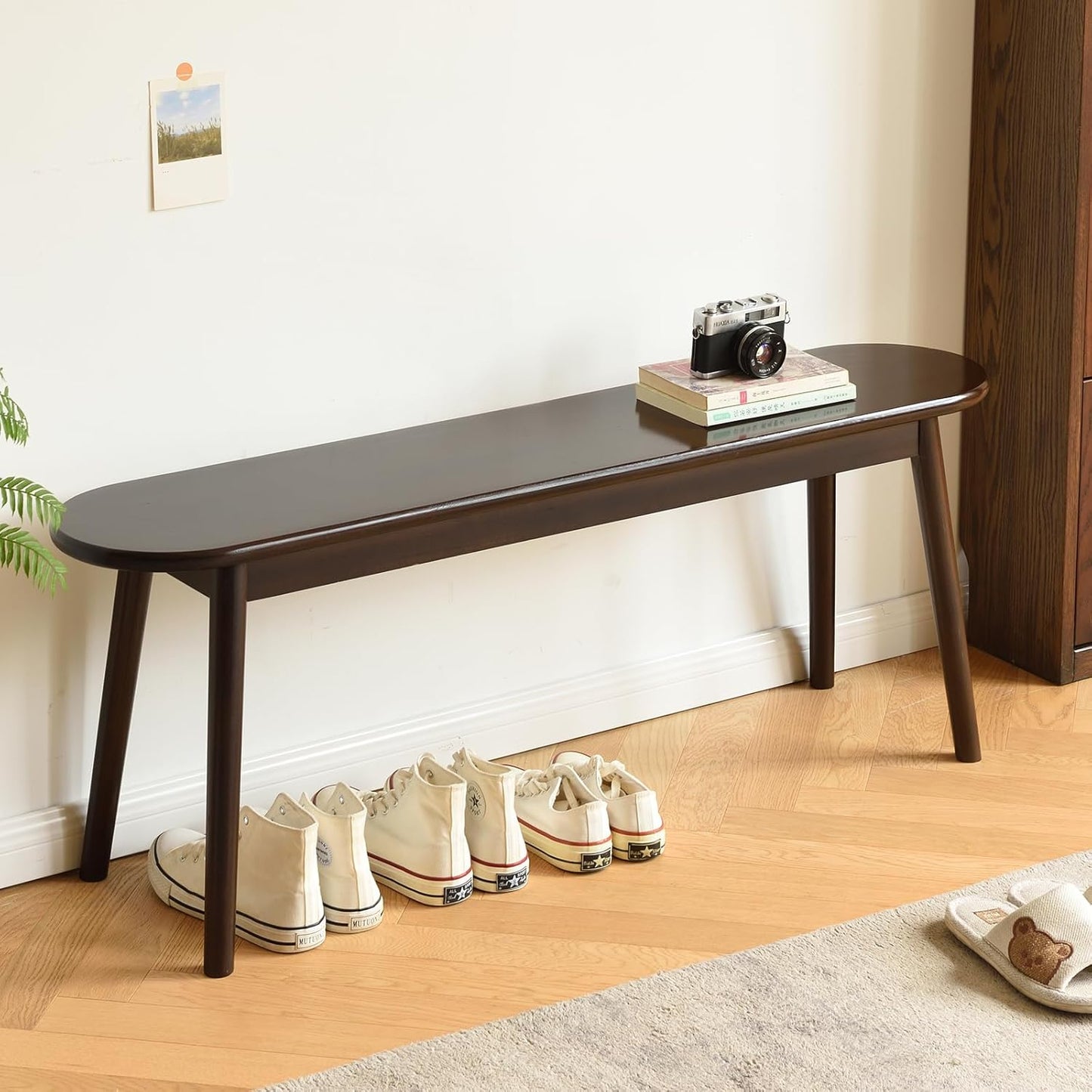 Walnut Solid Wood Bench, 47.3" L – Narrow Mid-Century Wooden Bench for Entryway, Kitchen, Dining, Bedroom & Shoe Storage